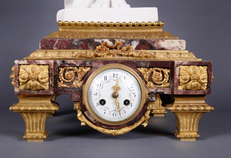 Marble and gilt bronze clock surmounted by a statuary white marble sculpture For Sale 3