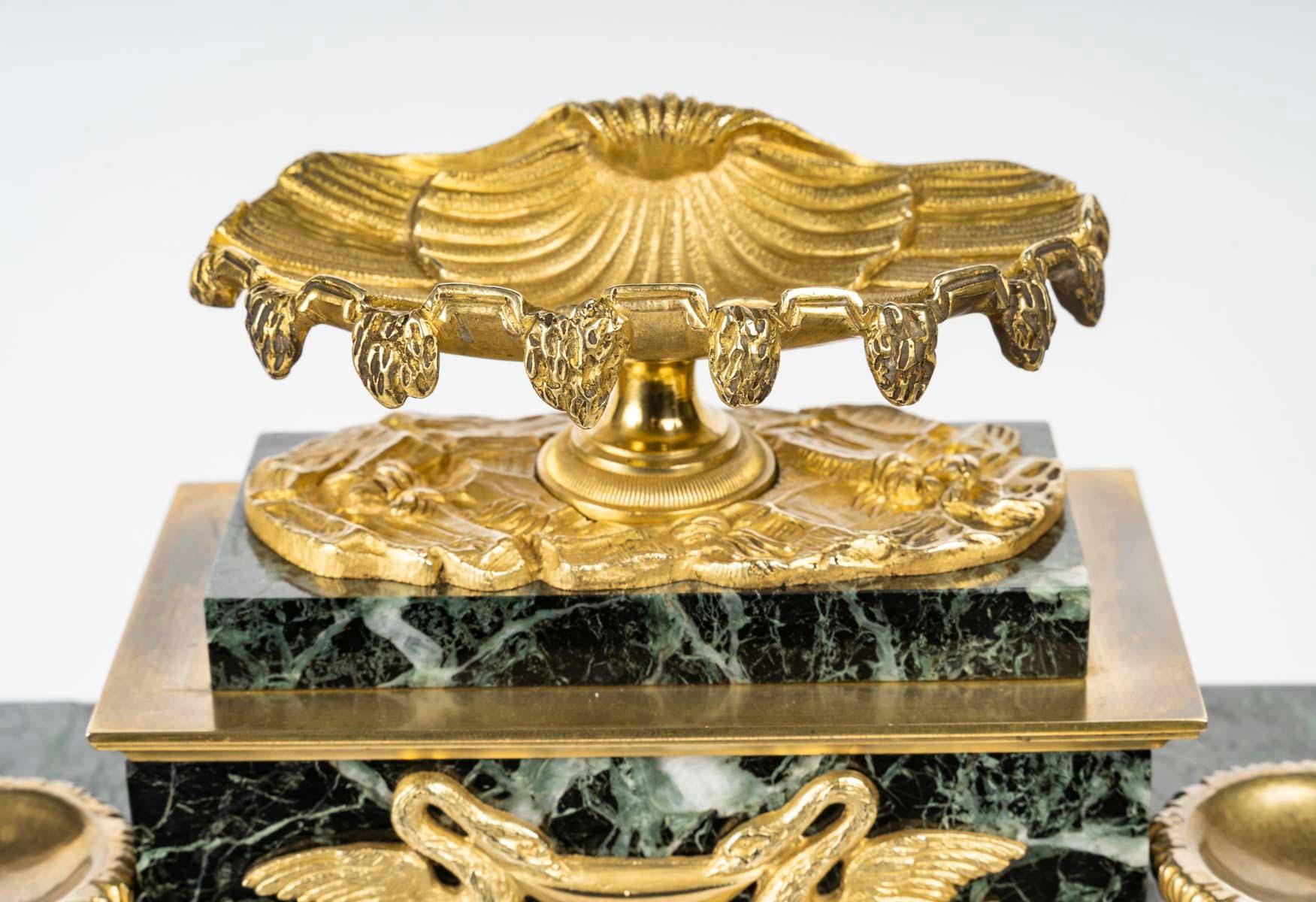 French Marble and Gilt Bronze Clock with Mythological Decor, Napoleon III Period. For Sale