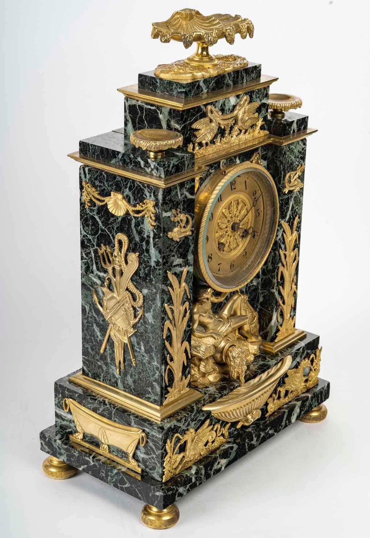 19th Century Marble and Gilt Bronze Clock with Mythological Decor, Napoleon III Period. For Sale