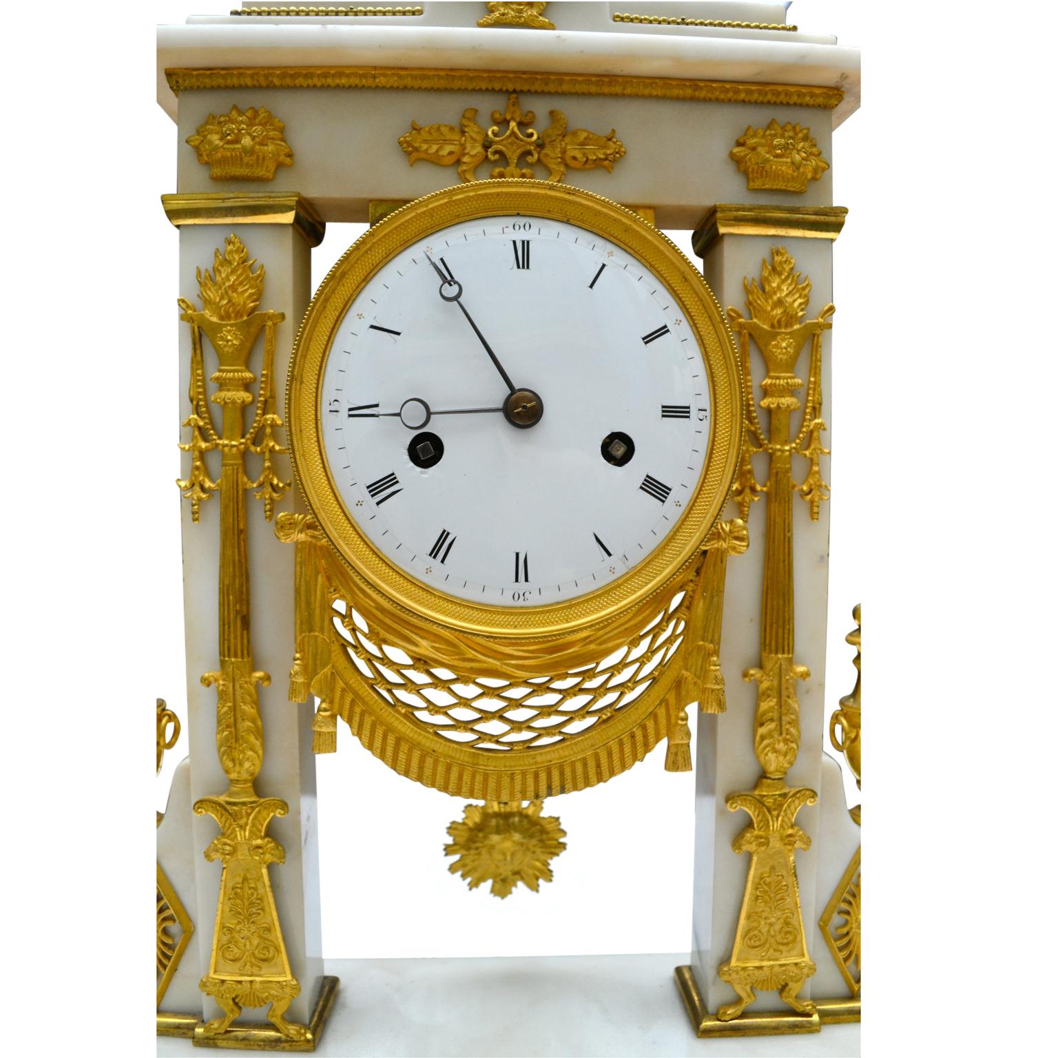 Carved White Marble and Gilt Bronze French Portico Clock