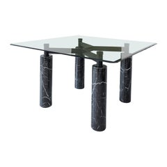 Vintage large square dining table in glass marble and metal, italian manifacture