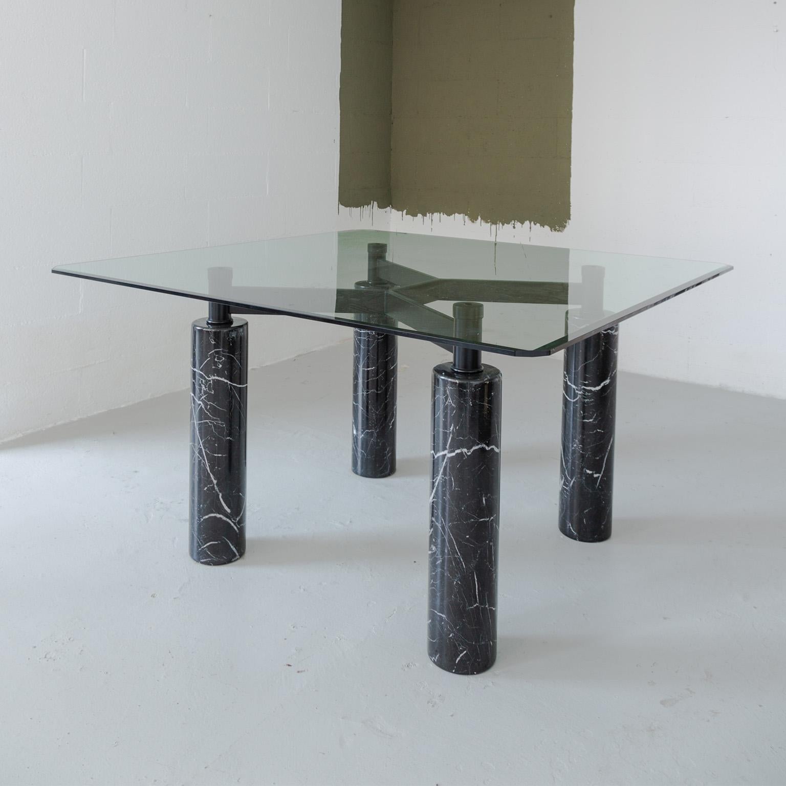 Mid-Century Modern Vintage large square dining table in glass marble and metal, italian manifacture