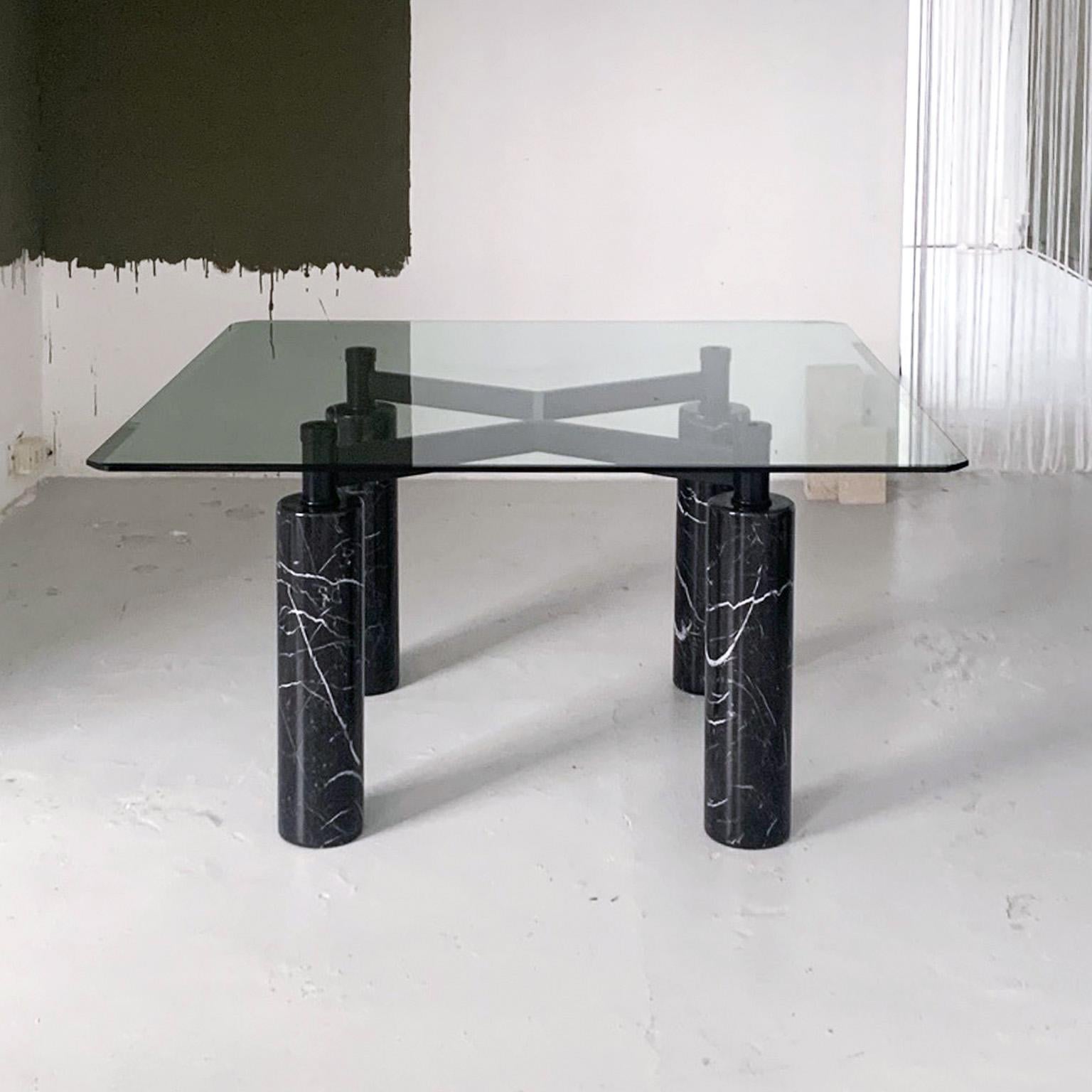Vintage large square dining table in glass marble and metal, italian manifacture In Fair Condition In Milan, IT