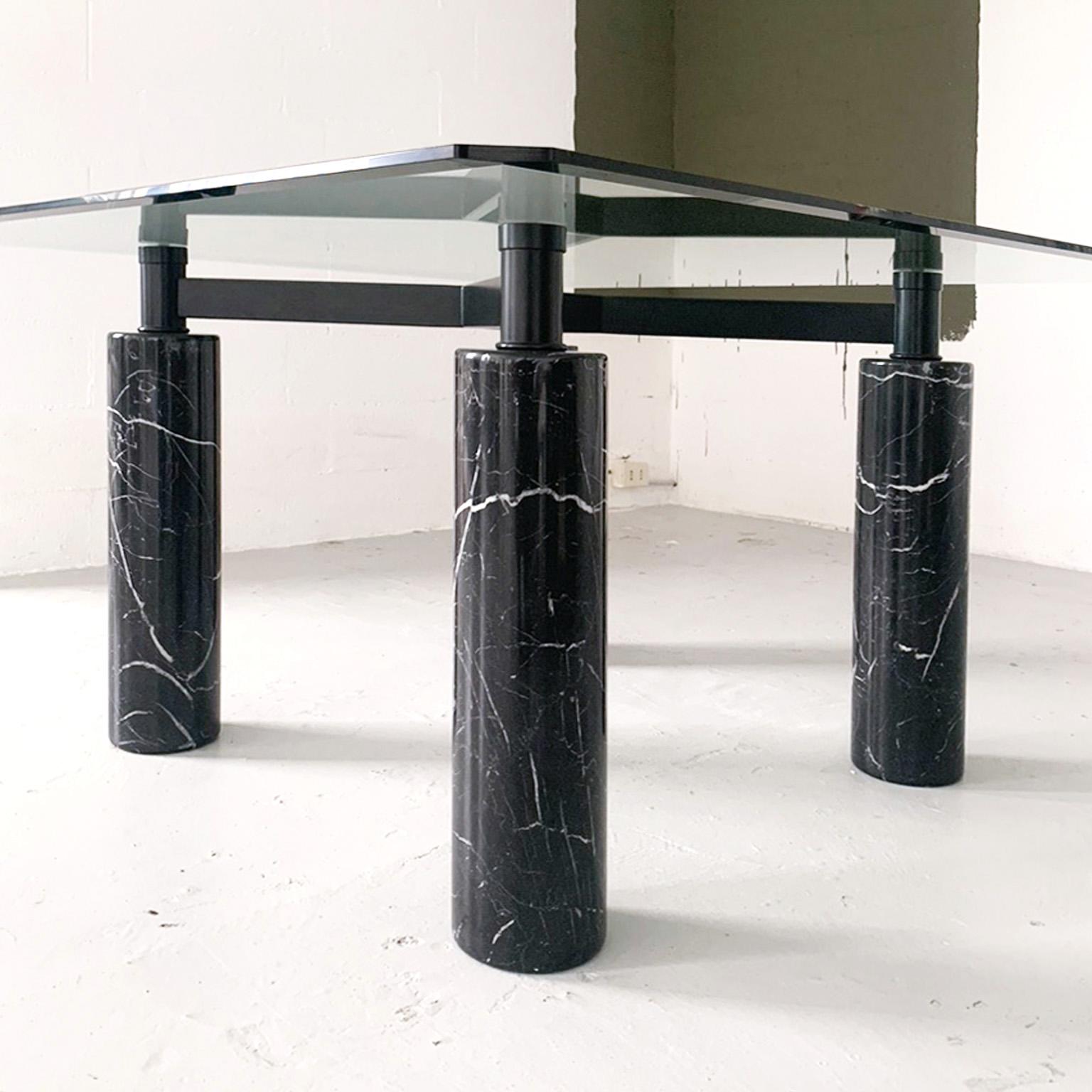 Late 20th Century Vintage large square dining table in glass marble and metal, italian manifacture