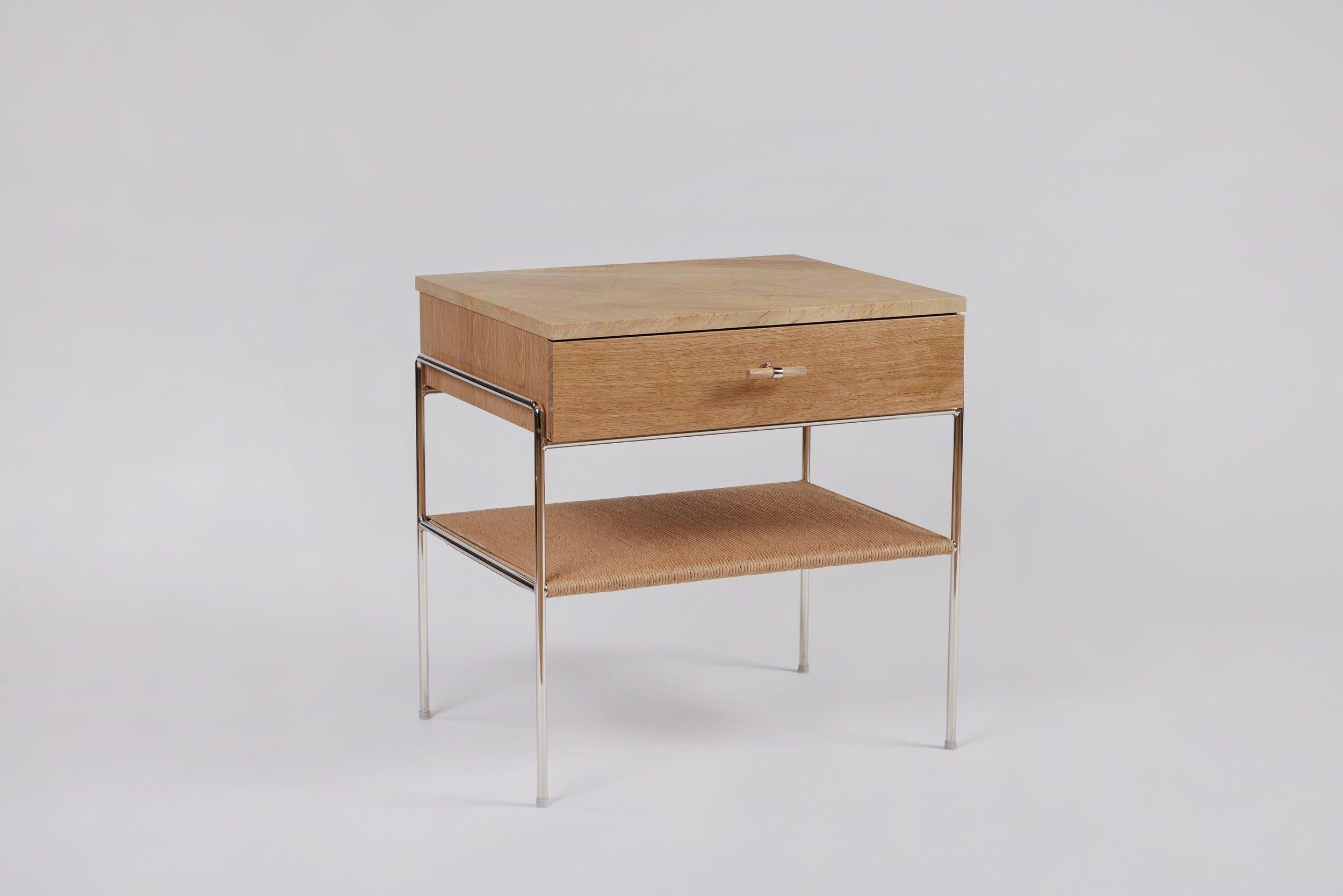 Modern Marble and Oak Side Table with Drawer and Rush Shelf For Sale