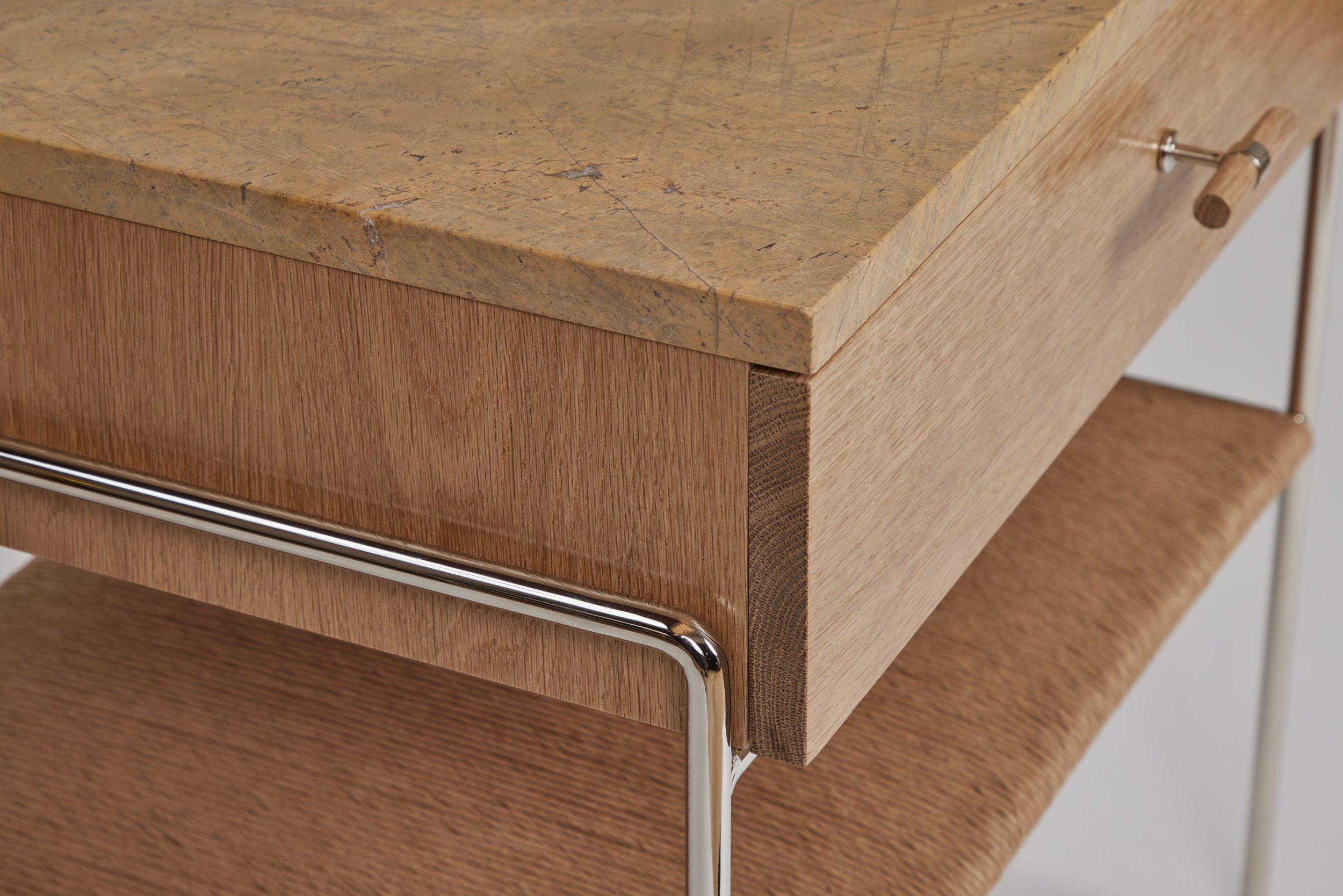 American Marble and Oak Side Table with Drawer and Rush Shelf For Sale