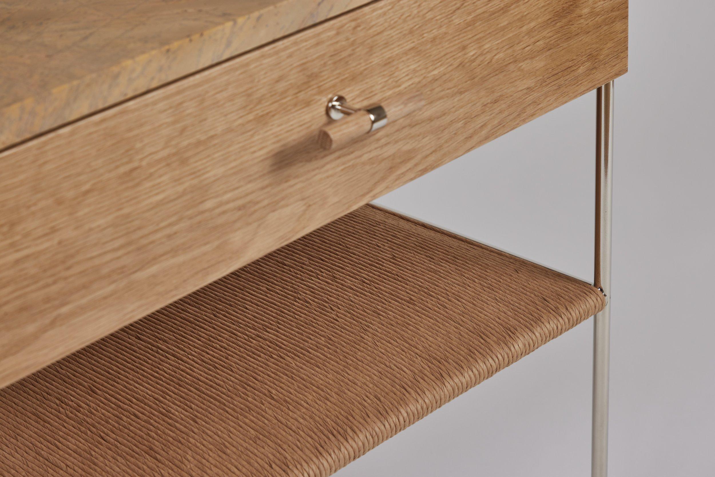 Woodwork Marble and Oak Side Table with Drawer and Rush Shelf For Sale