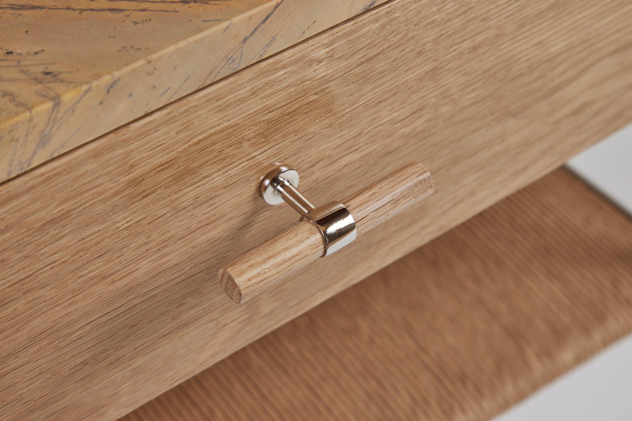 Contemporary Marble and Oak Side Table with Drawer and Rush Shelf For Sale