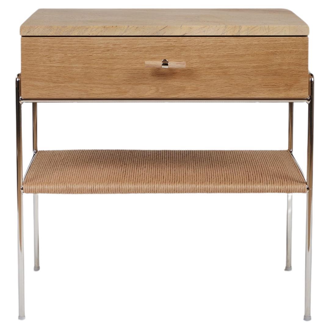 Marble and Oak Side Table with Drawer and Rush Shelf For Sale