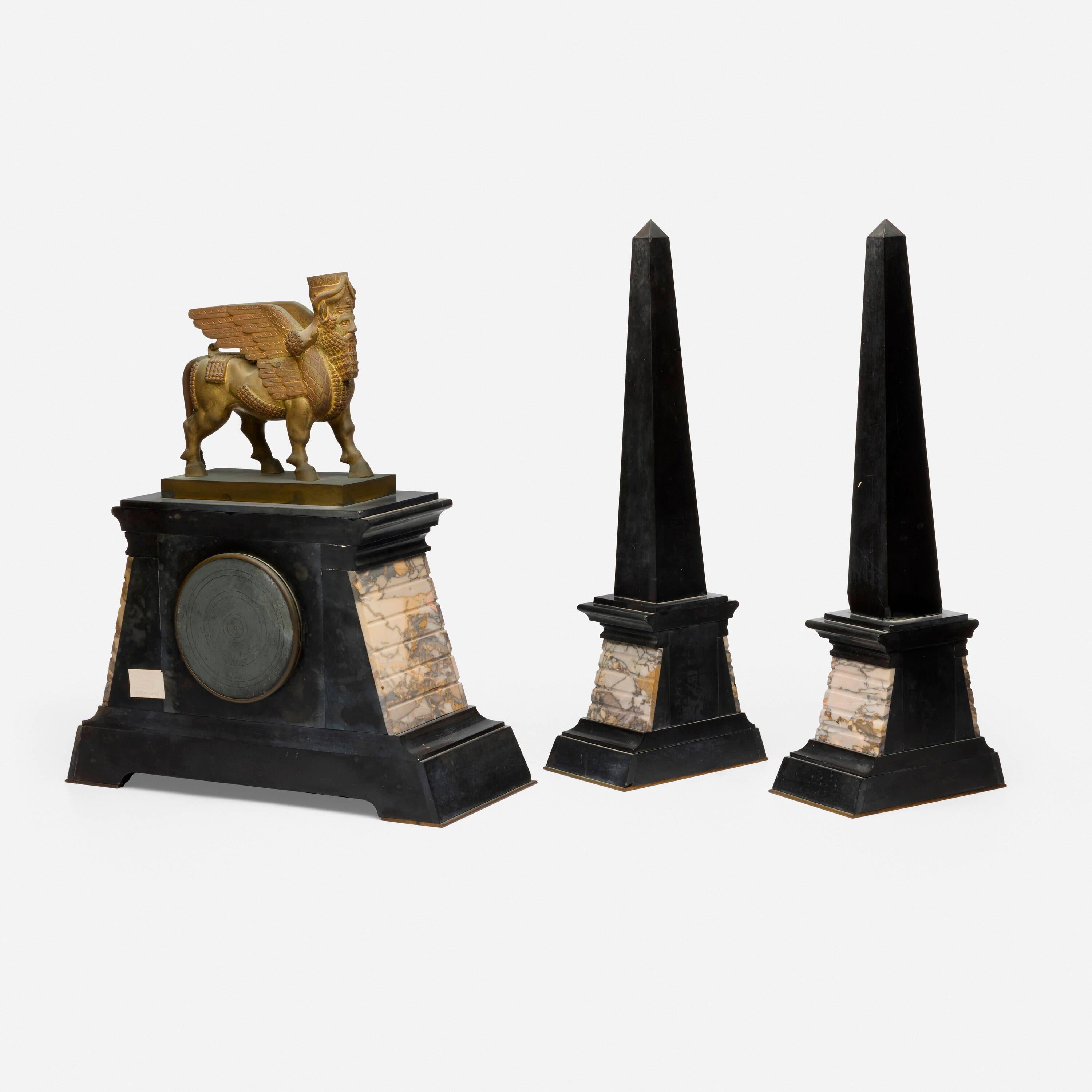 Late Victorian Marble and Patinated Bronze Egyptian Revival Mantel Garniture  for Tiffany & Co For Sale