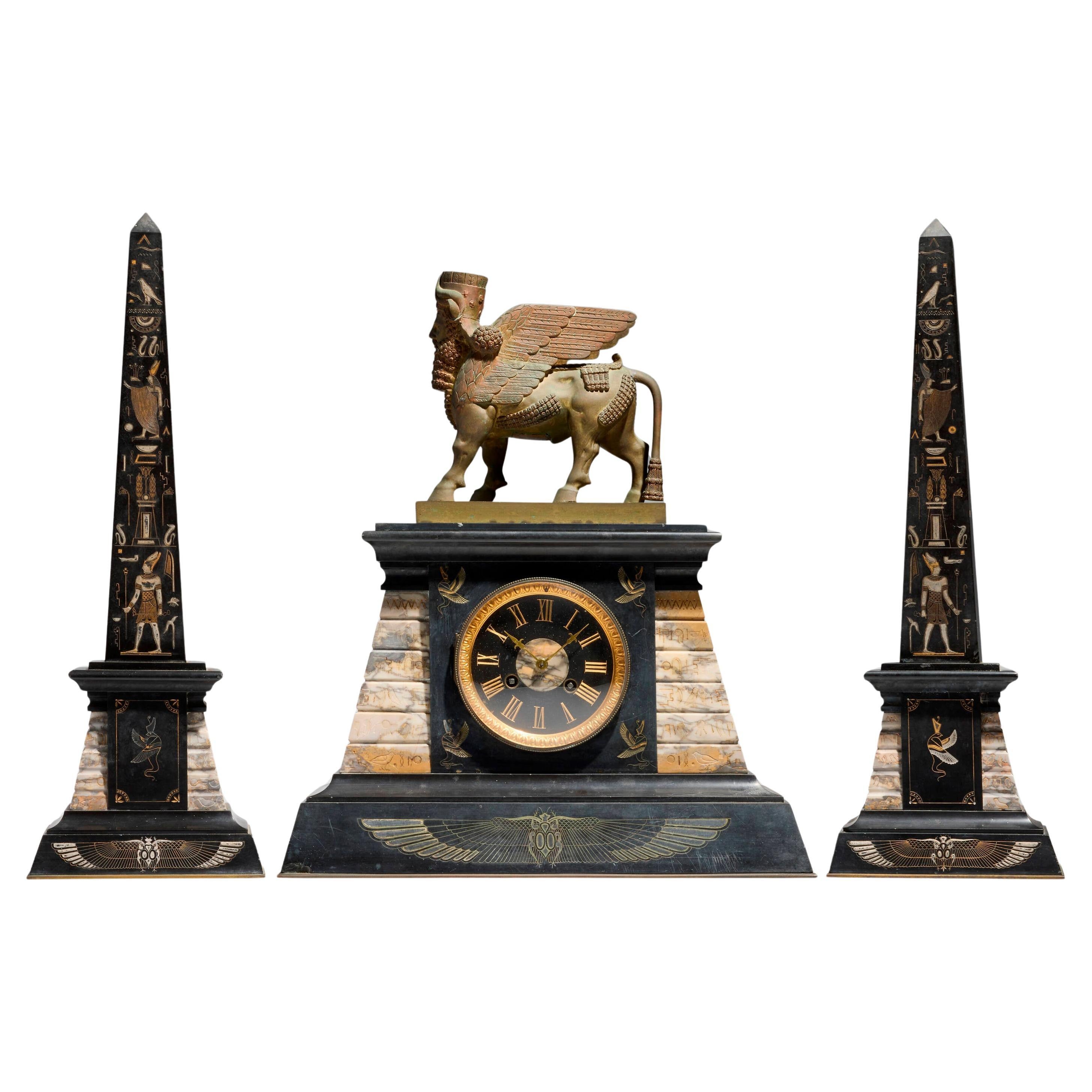 Marble and Patinated Bronze Egyptian Revival Mantel Garniture  for Tiffany & Co For Sale