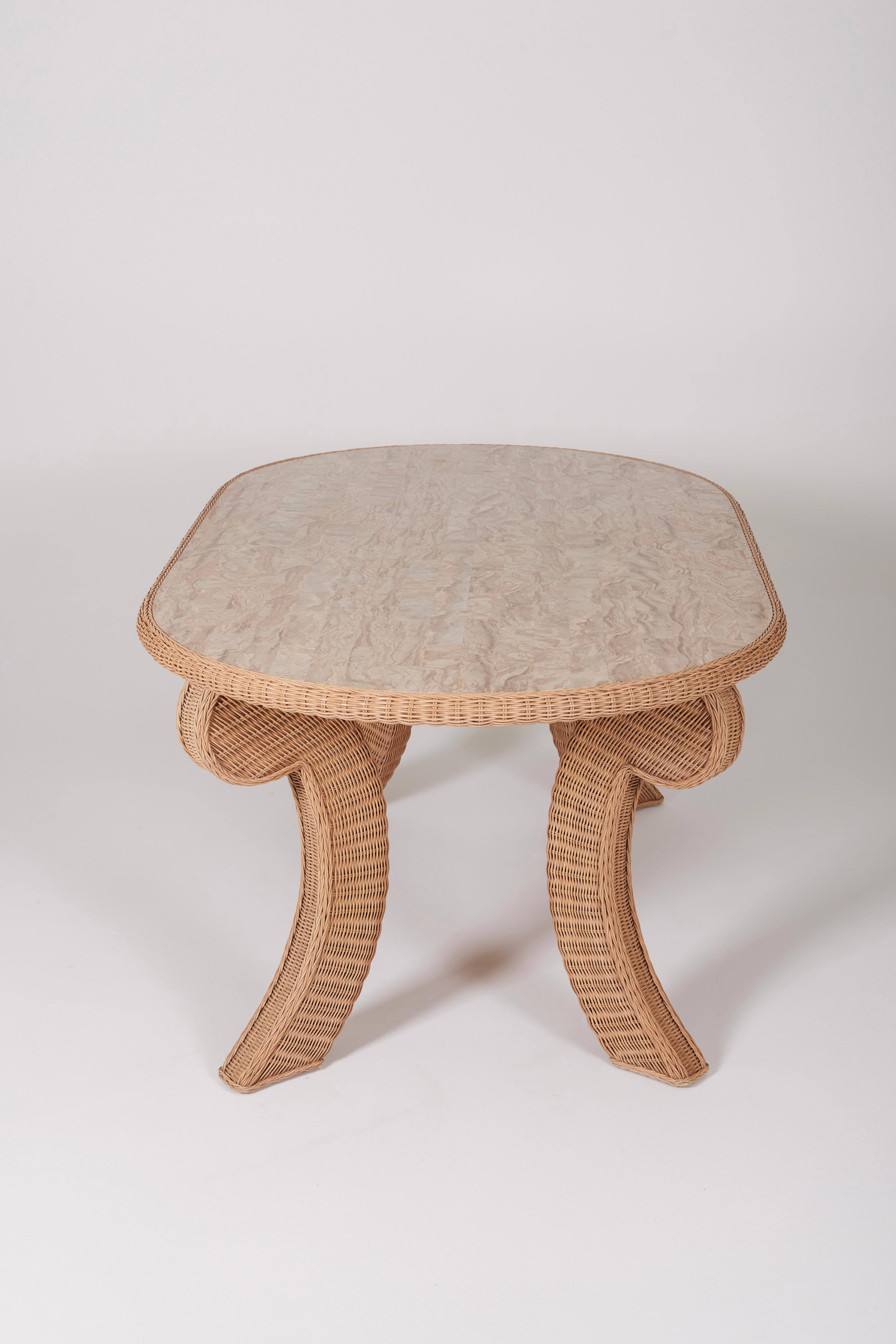 Rattan Mid-century marble and rattan dining table For Sale
