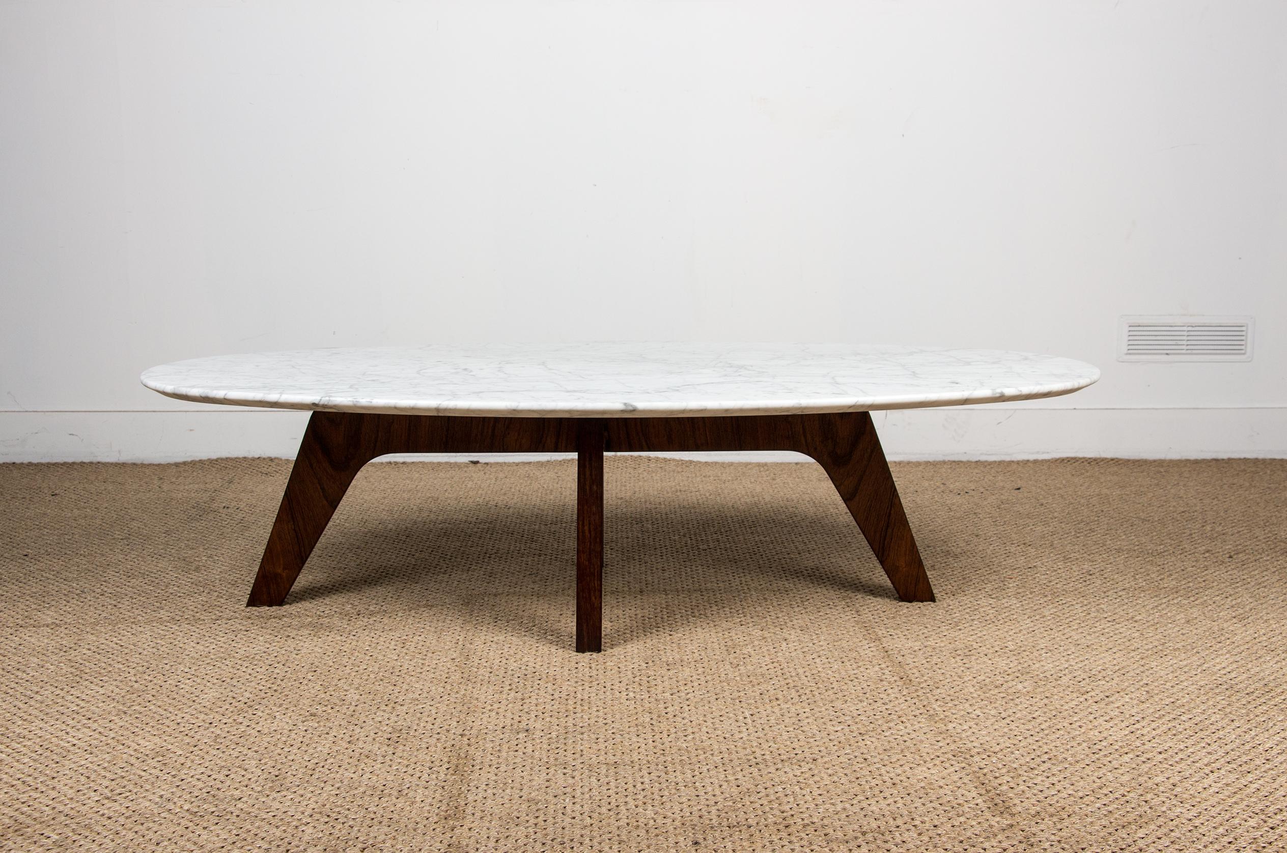 Mid-Century Modern Marble and Rosewood Coffee Table by Hugues Poignant for Roche et Bobois 1970. For Sale