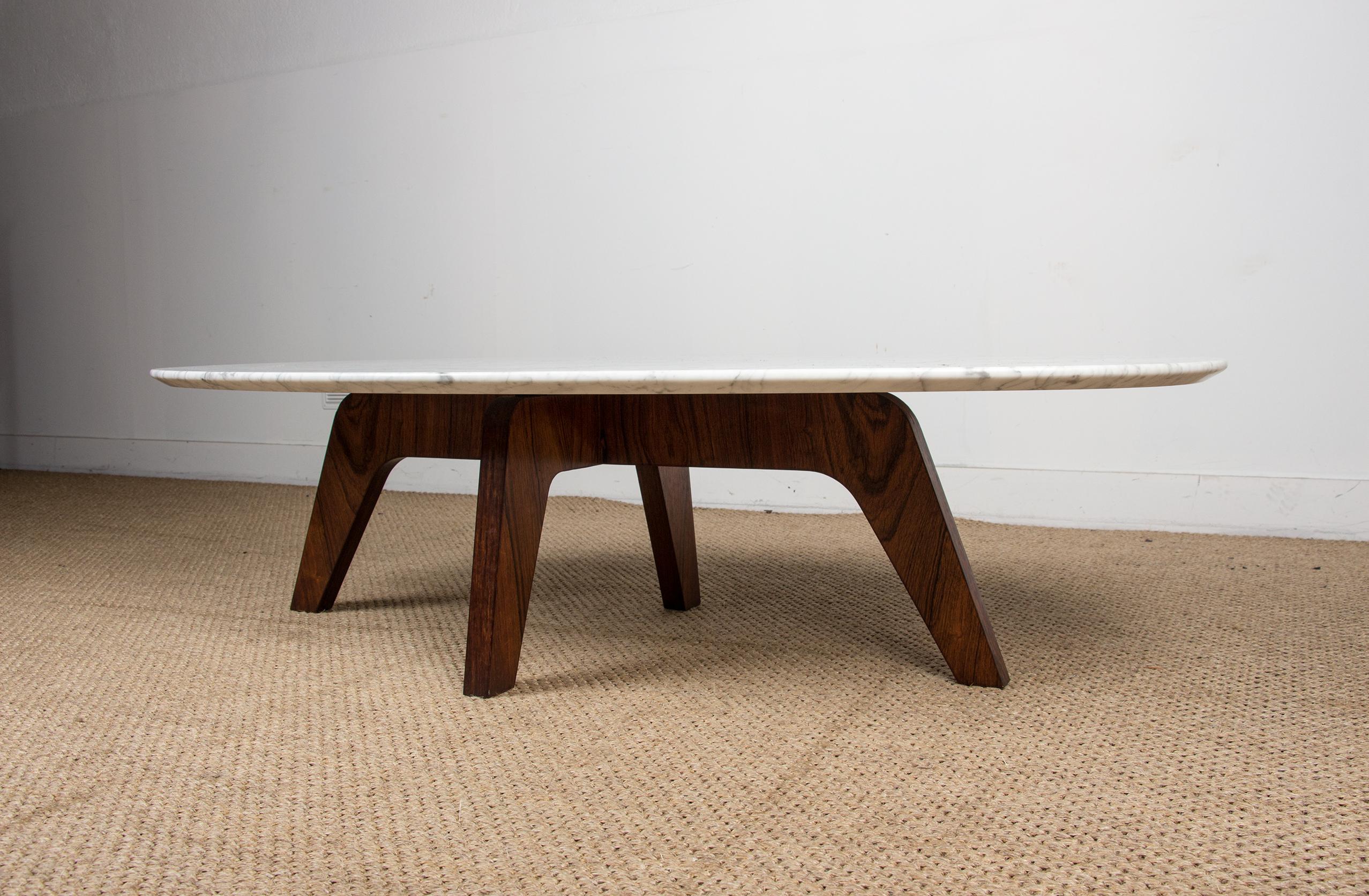 Marble and Rosewood Coffee Table by Hugues Poignant for Roche et Bobois 1970. For Sale 1