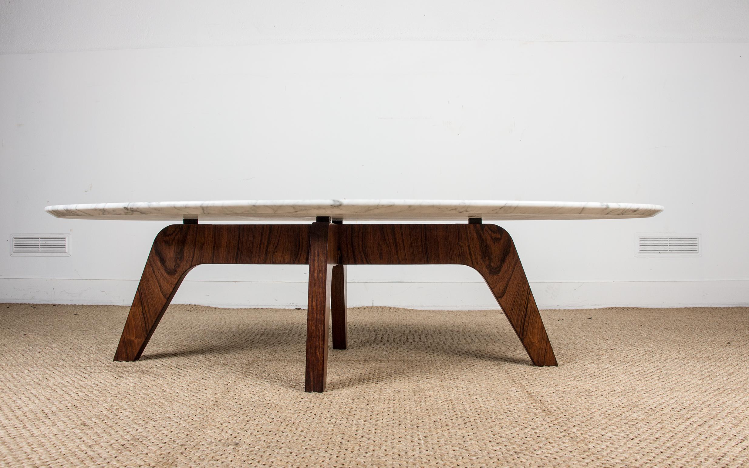 Marble and Rosewood Coffee Table by Hugues Poignant for Roche et Bobois 1970. For Sale 2