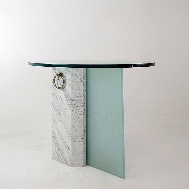 Modern Marble and sandblasted glass side table - Oval Glass top - 1980s For Sale