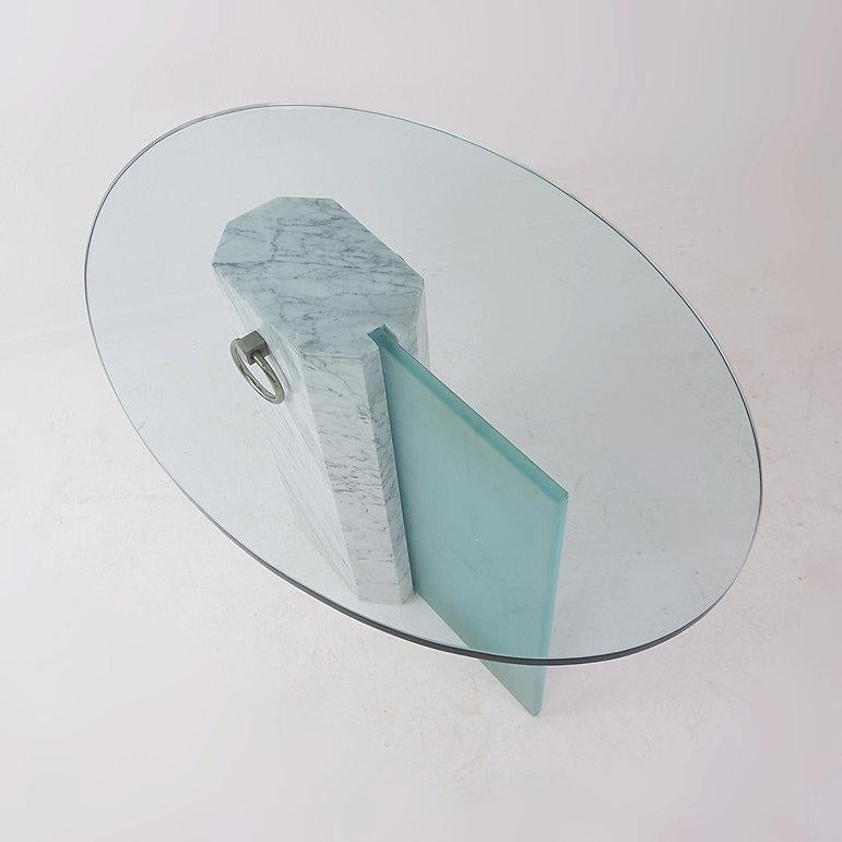 Marble and sandblasted glass side table - Oval Glass top - 1980s For Sale 2