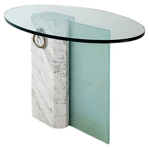 Marble and sandblasted glass side table - Oval Glass top - 1980s For Sale