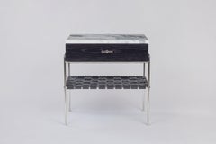 Marble and Stained Oak Side Table with Drawer and Woven Leather Shelf