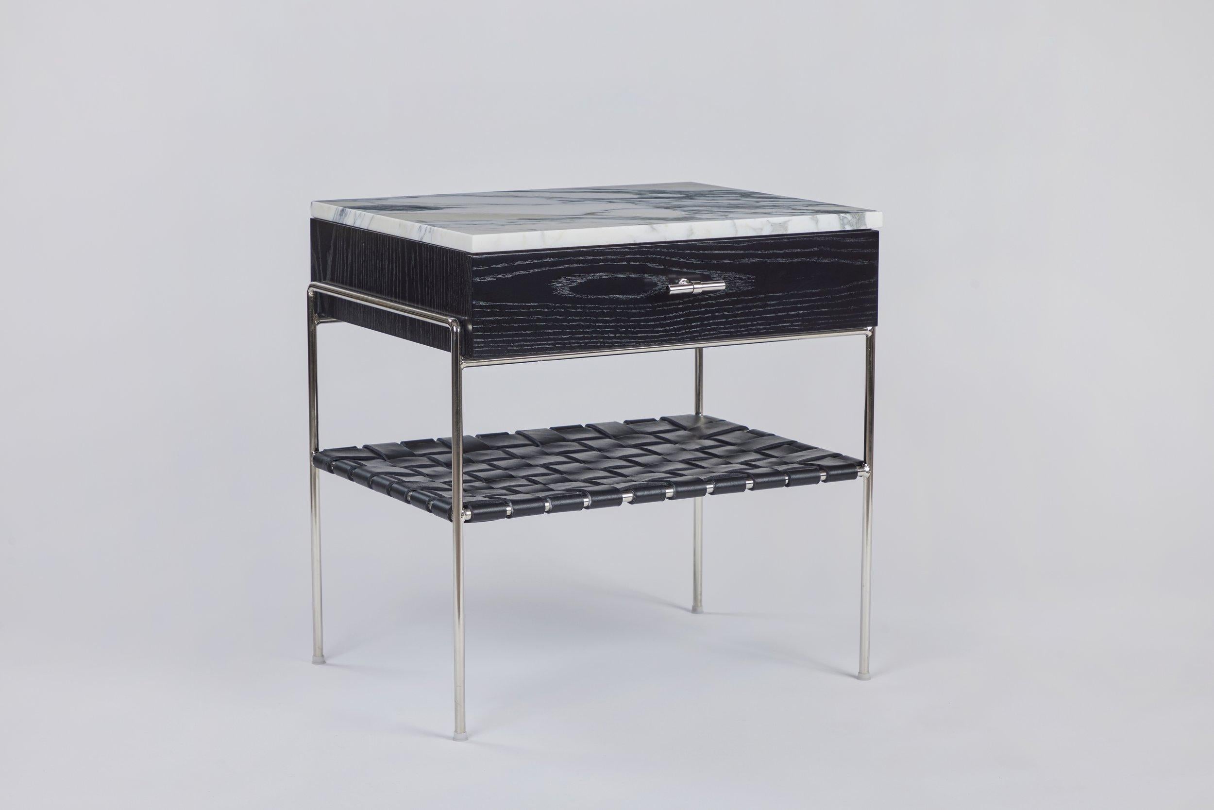 Modern Marble and Stained Oak Side Table with Drawer and Woven Leather Shelf For Sale