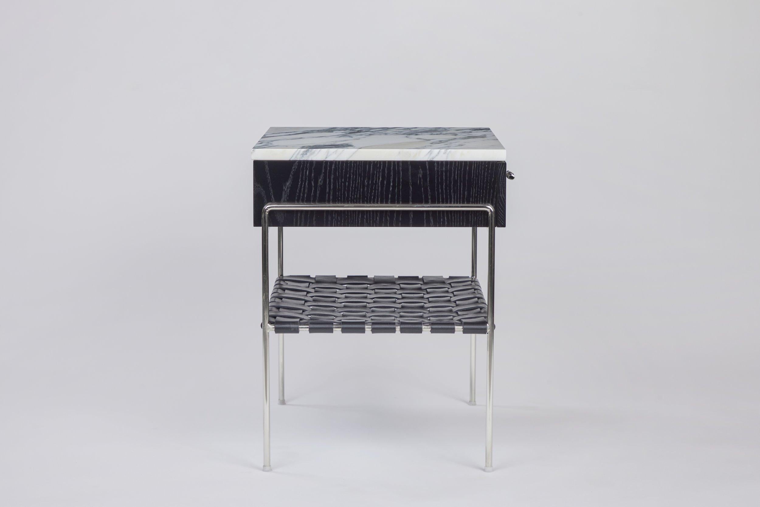 American Marble and Stained Oak Side Table with Drawer and Woven Leather Shelf For Sale