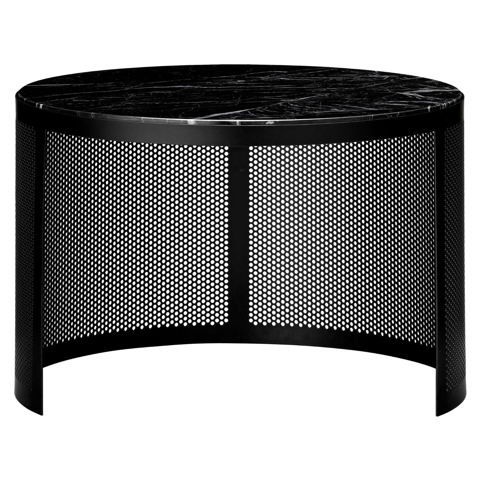 Marble and steel contemporary small side table
Dimensions: Ø 46 x H 30.2 cm
Materials: Marble and steel

This tables can be placed in any room that calls for extra creative space. They are made of perforated metal in black and have either a high