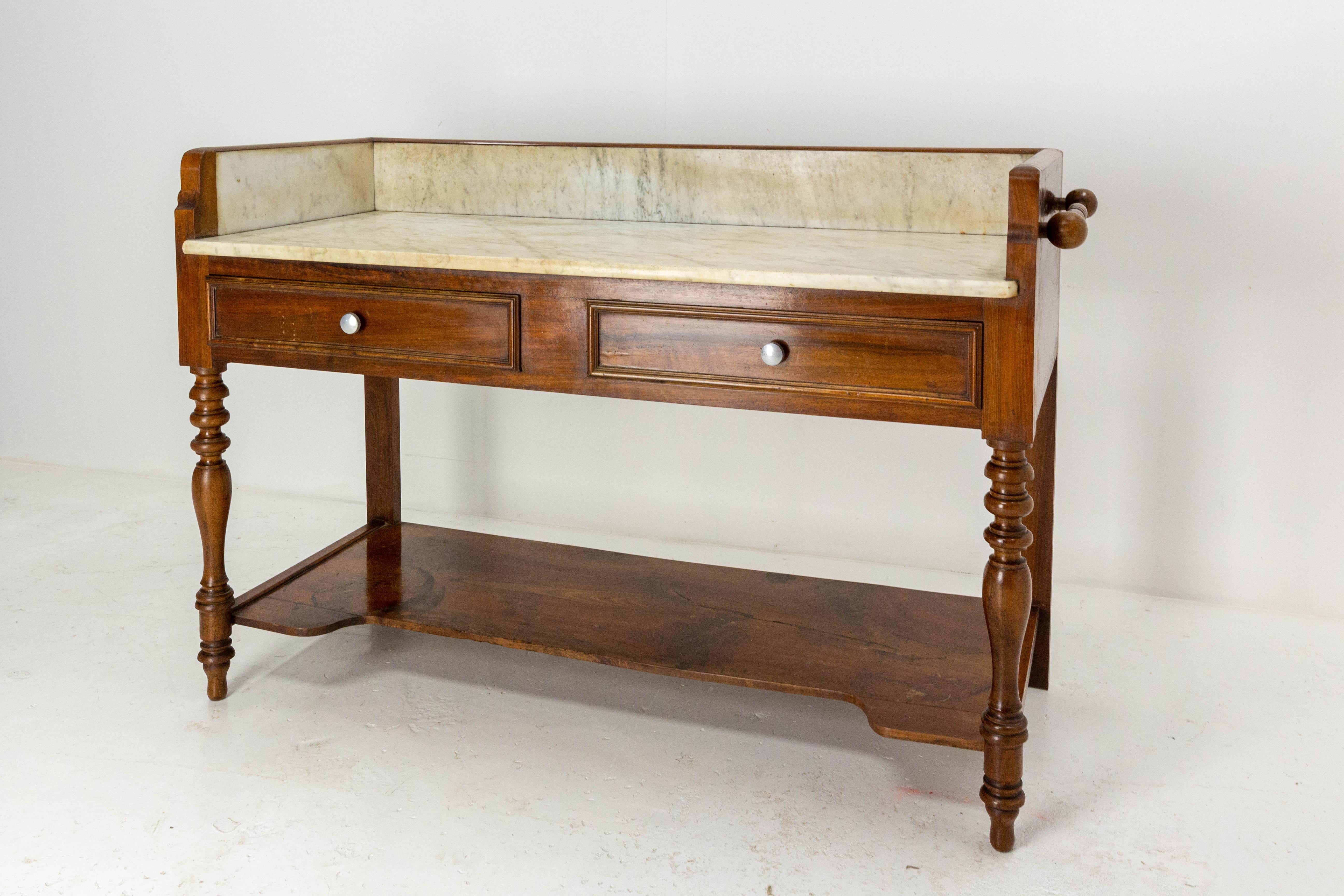 20th Century Marble and Walnut Vanity Table, French, circa 1900