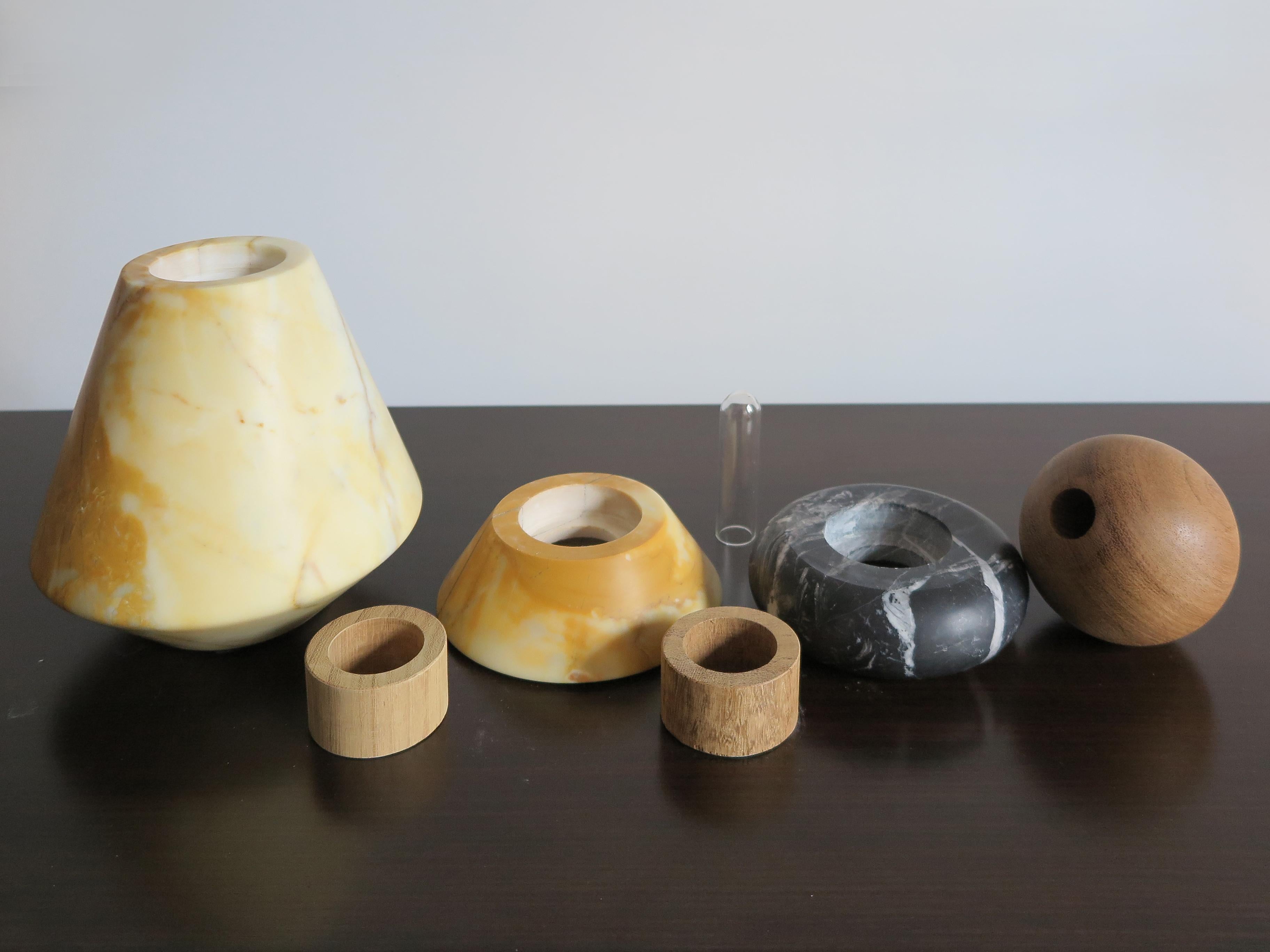 Marble and Wood Contemporary Sculpture, Candleholders, Flower Vase 