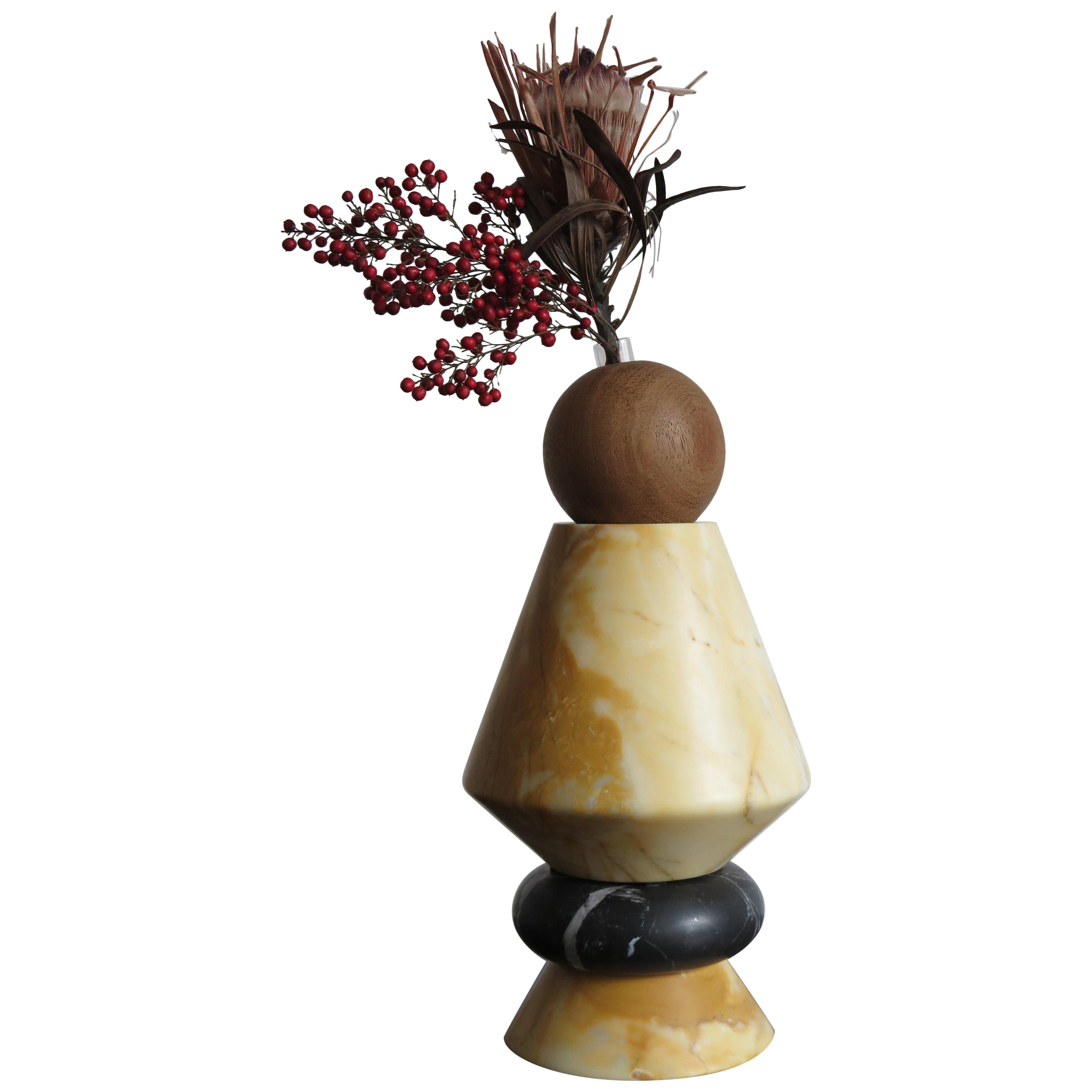 Marble and Wood Contemporary Sculpture, Candleholders, Flower Vase "iTotem"