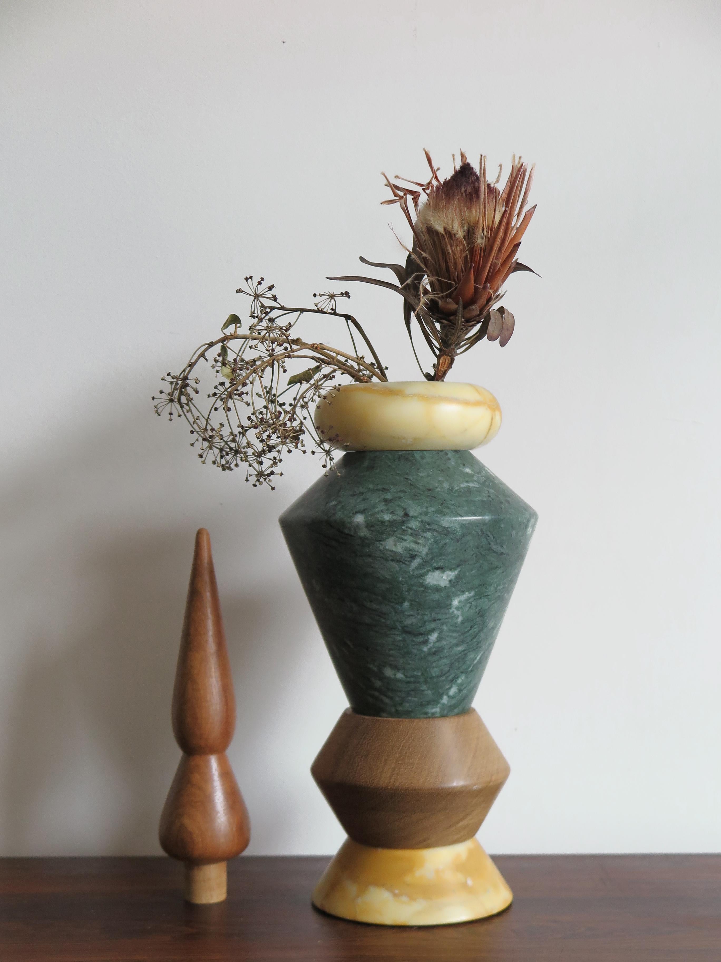 Modern Marble and Wood Contemporary Sculpture, Flower Vase 