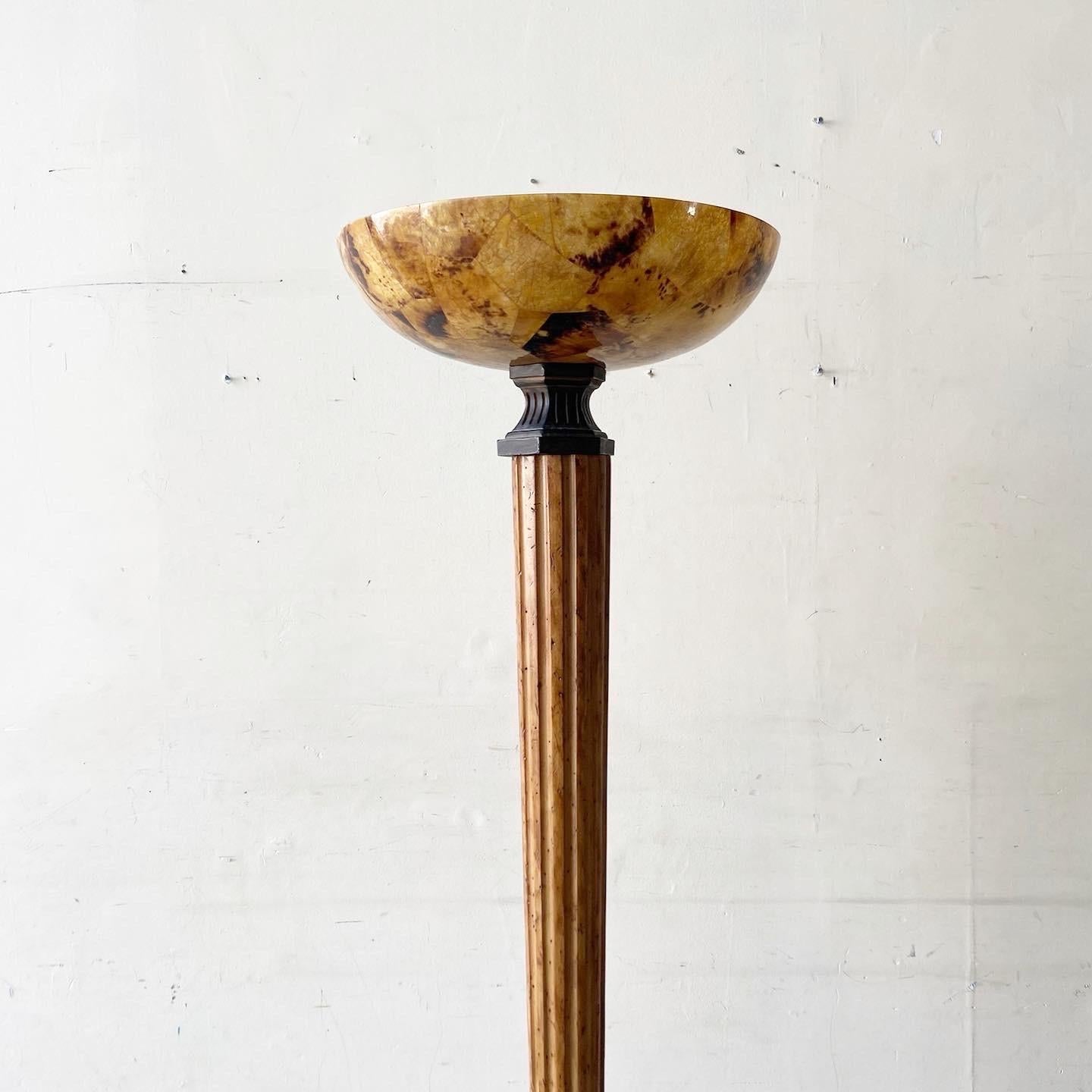 Amazing postmodern floor lamp hand made in the Philippines for Kreiss. Features a stone base with a wooden body and fiberglass bowl lamp shade.