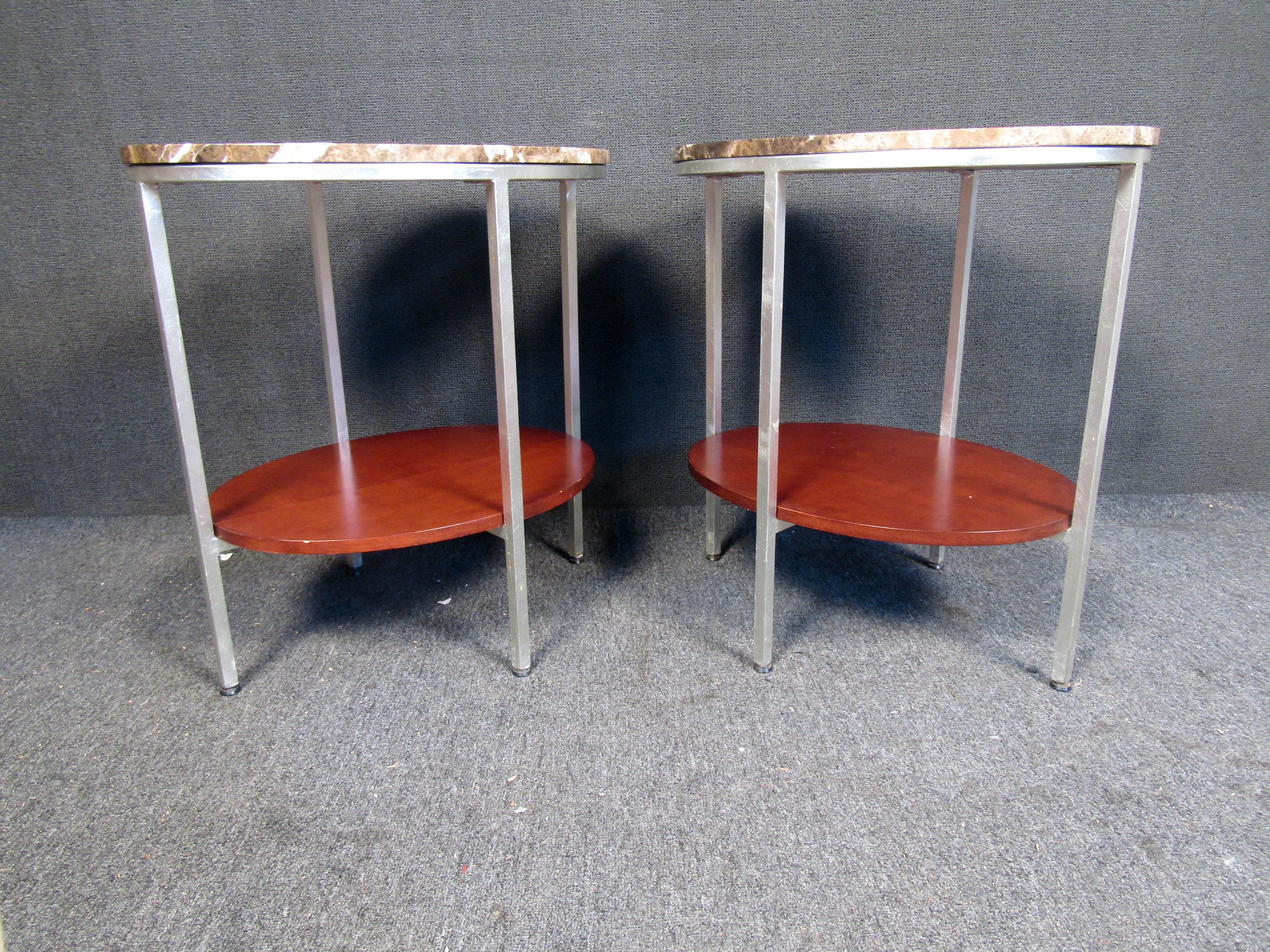 Mid-Century Modern Marble and Wood Two Tier End Tables