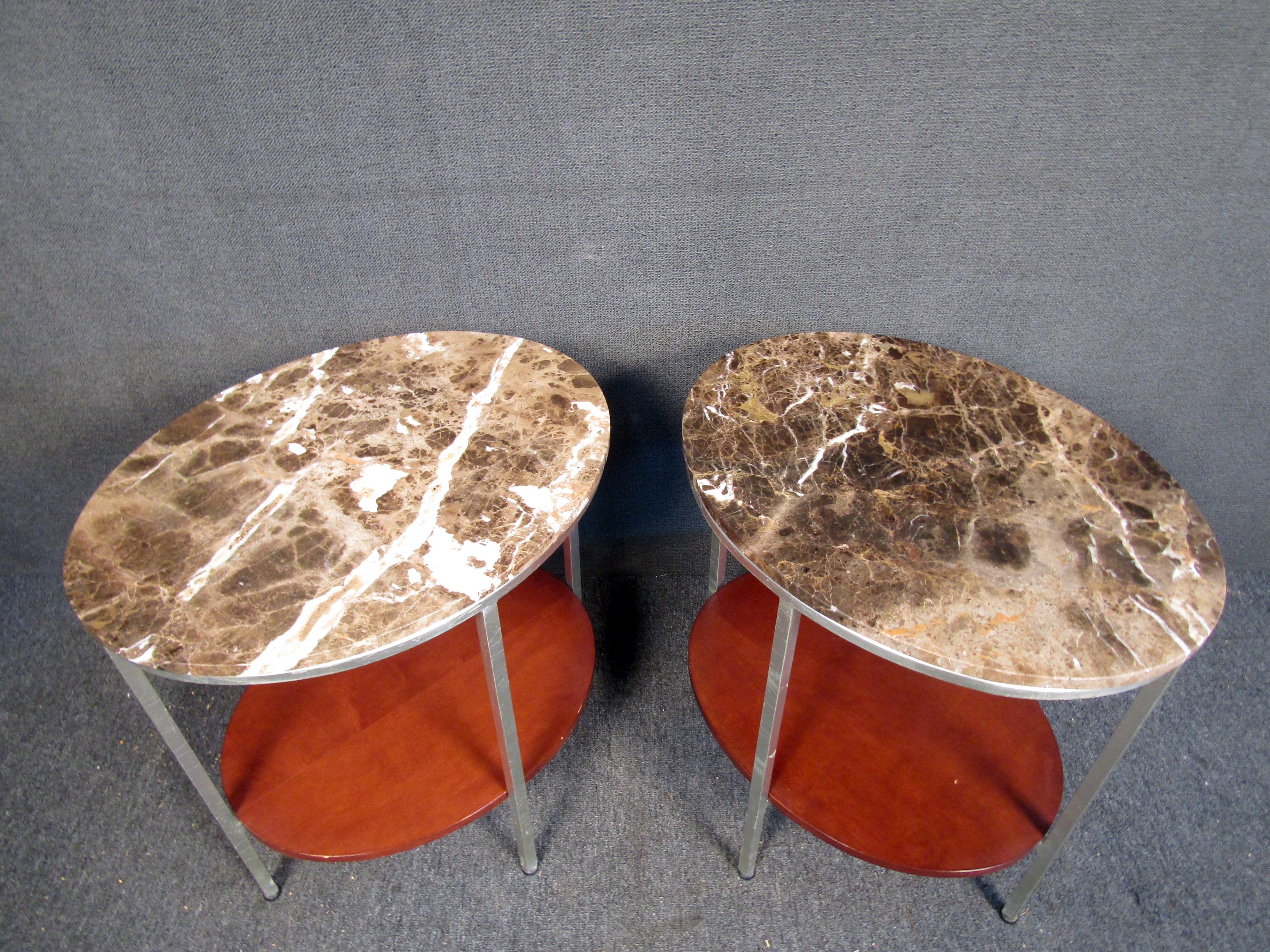 Marble and Wood Two Tier End Tables In Good Condition In Brooklyn, NY
