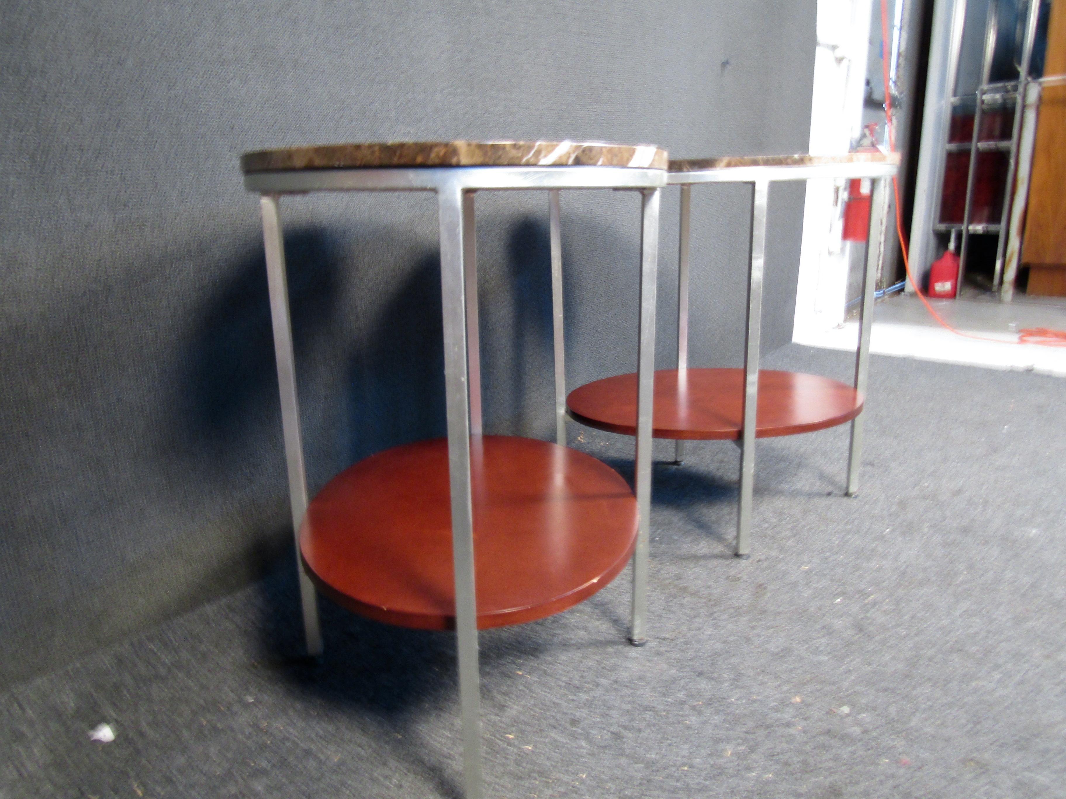 20th Century Marble and Wood Two Tier End Tables