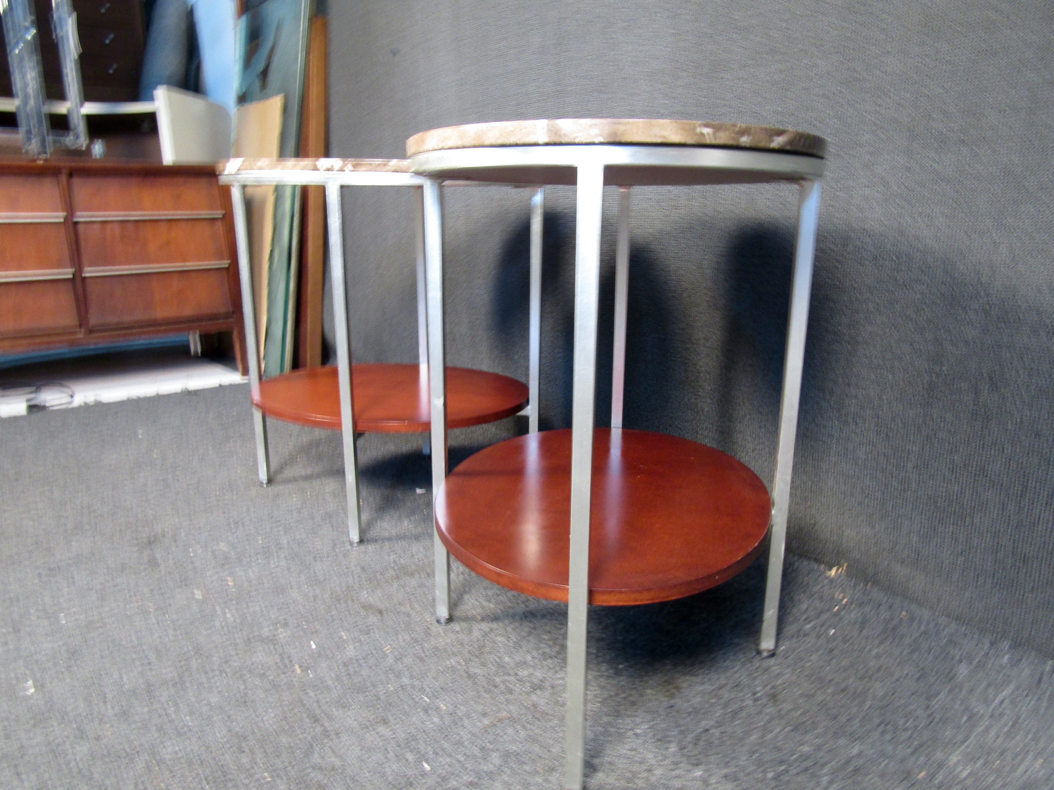 Metal Marble and Wood Two Tier End Tables