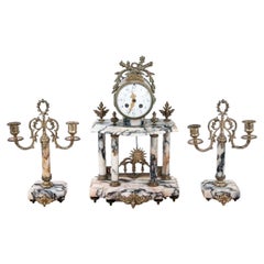 Marble Antique Clock with Two Candelabras, France, circa 1900