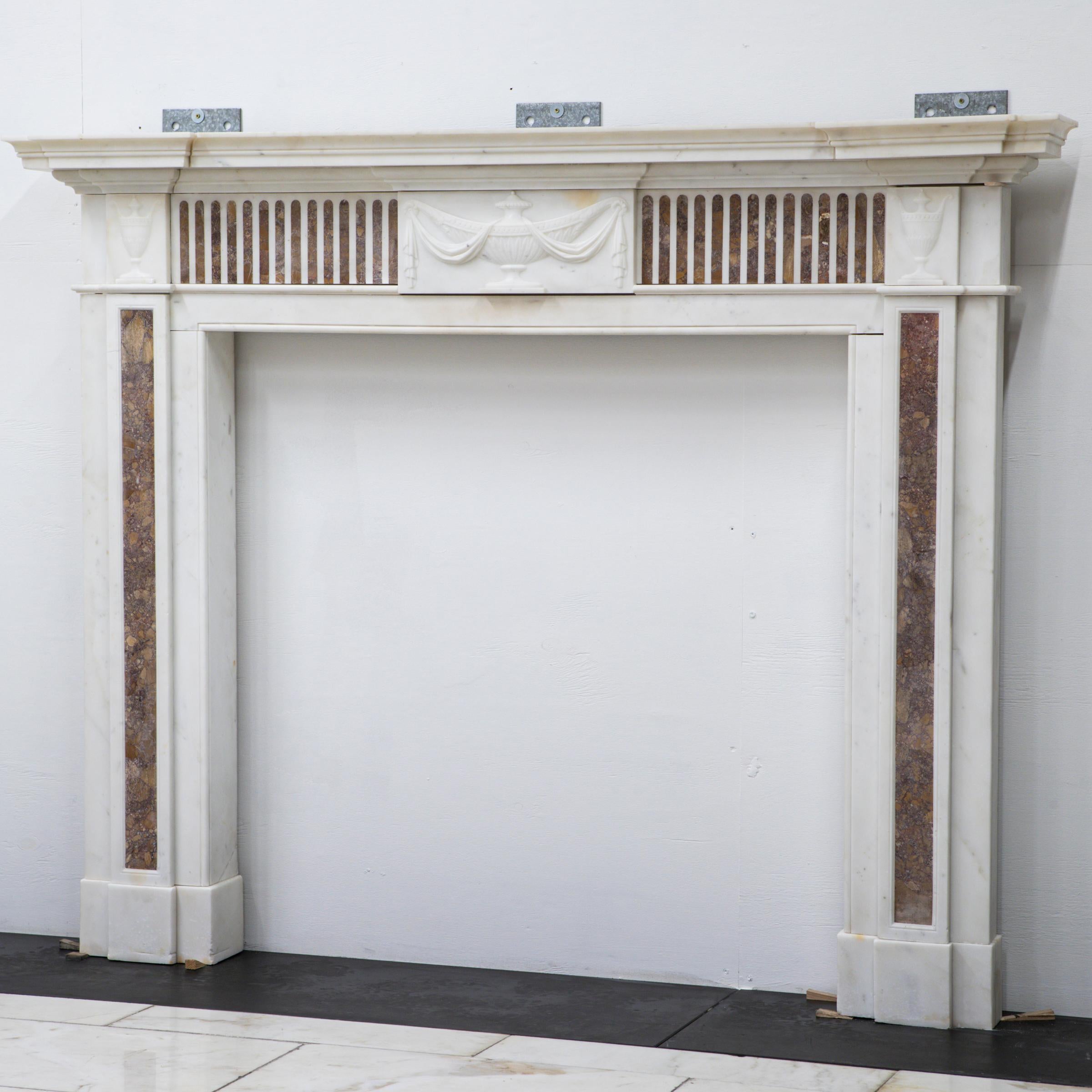 English Marble Antique Late Georgian Statuary and Spanish Brocatello Inlay Chimneypiece  For Sale