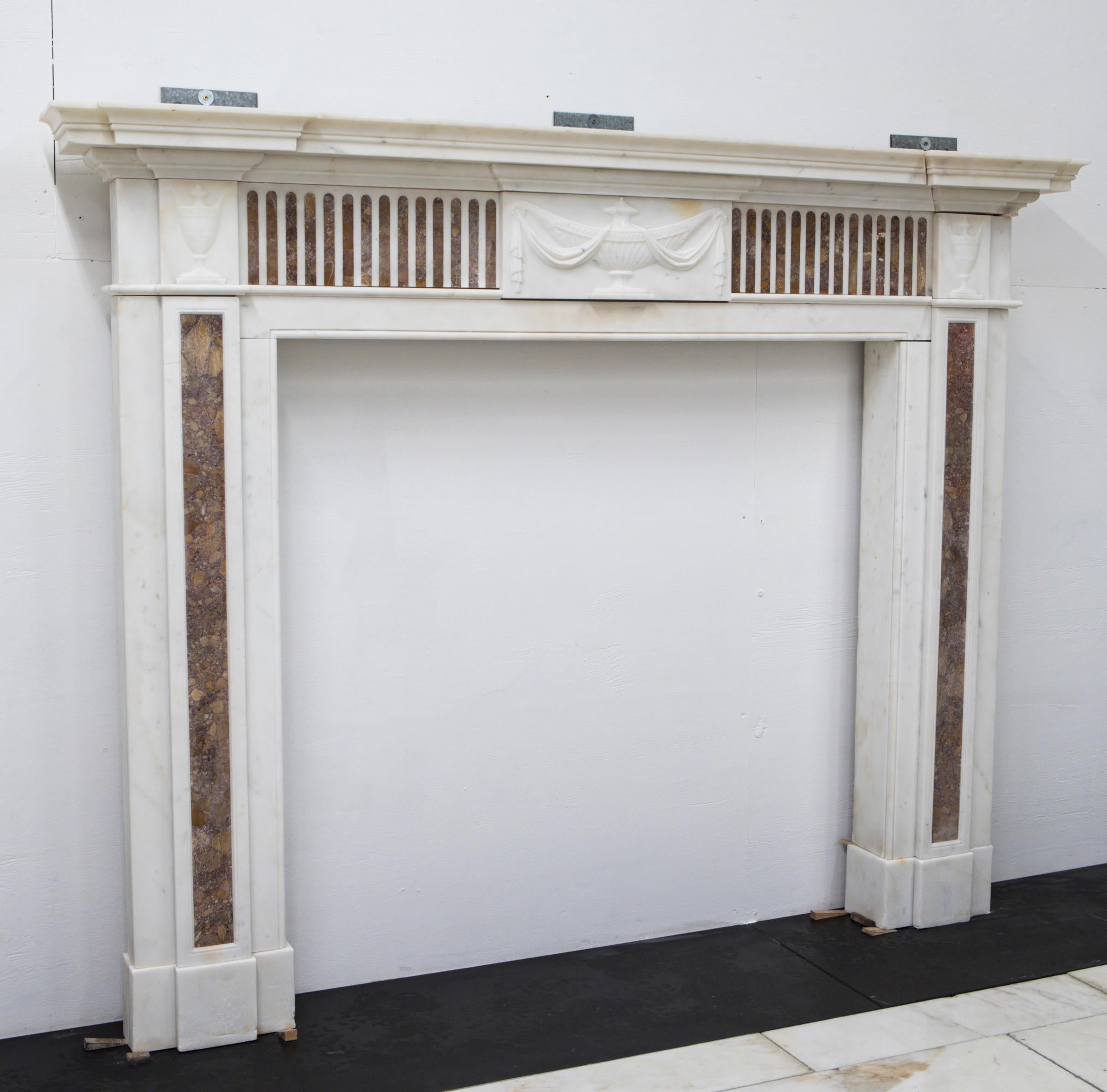Carved Marble Antique Late Georgian Statuary and Spanish Brocatello Inlay Chimneypiece  For Sale