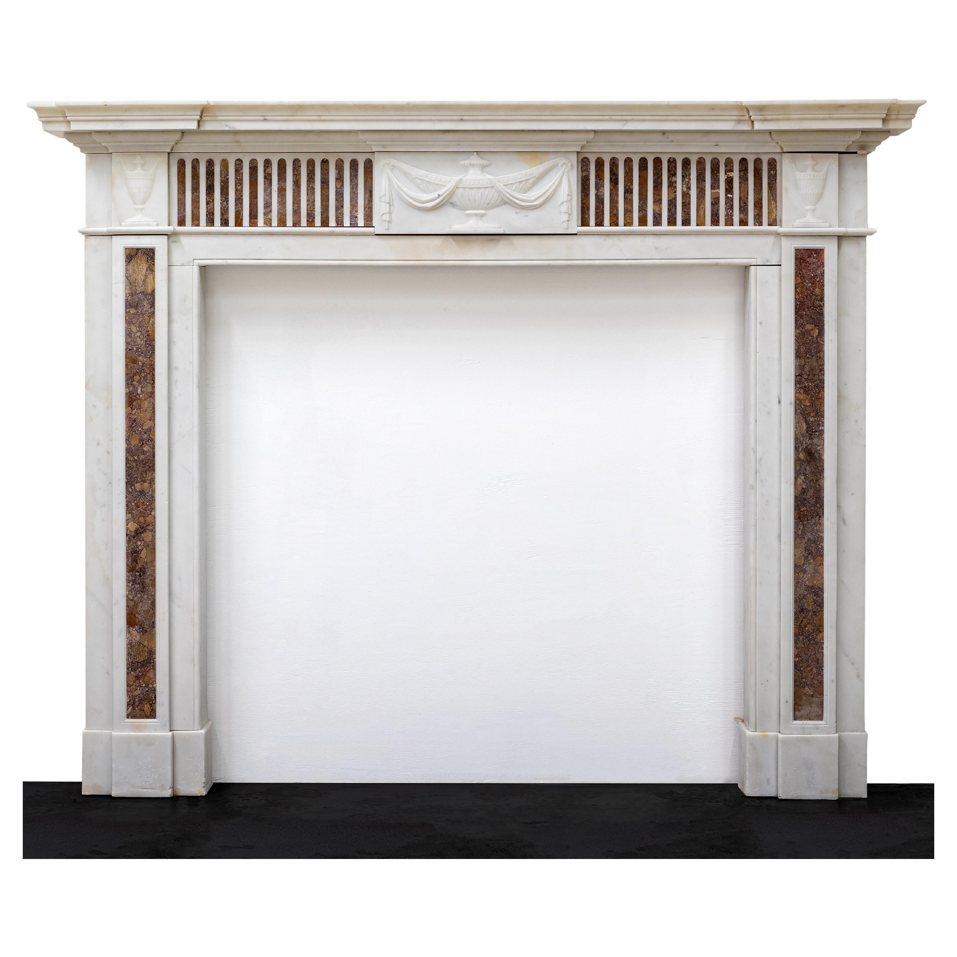 Marble Antique Late Georgian Statuary and Spanish Brocatello Inlay Chimneypiece  For Sale
