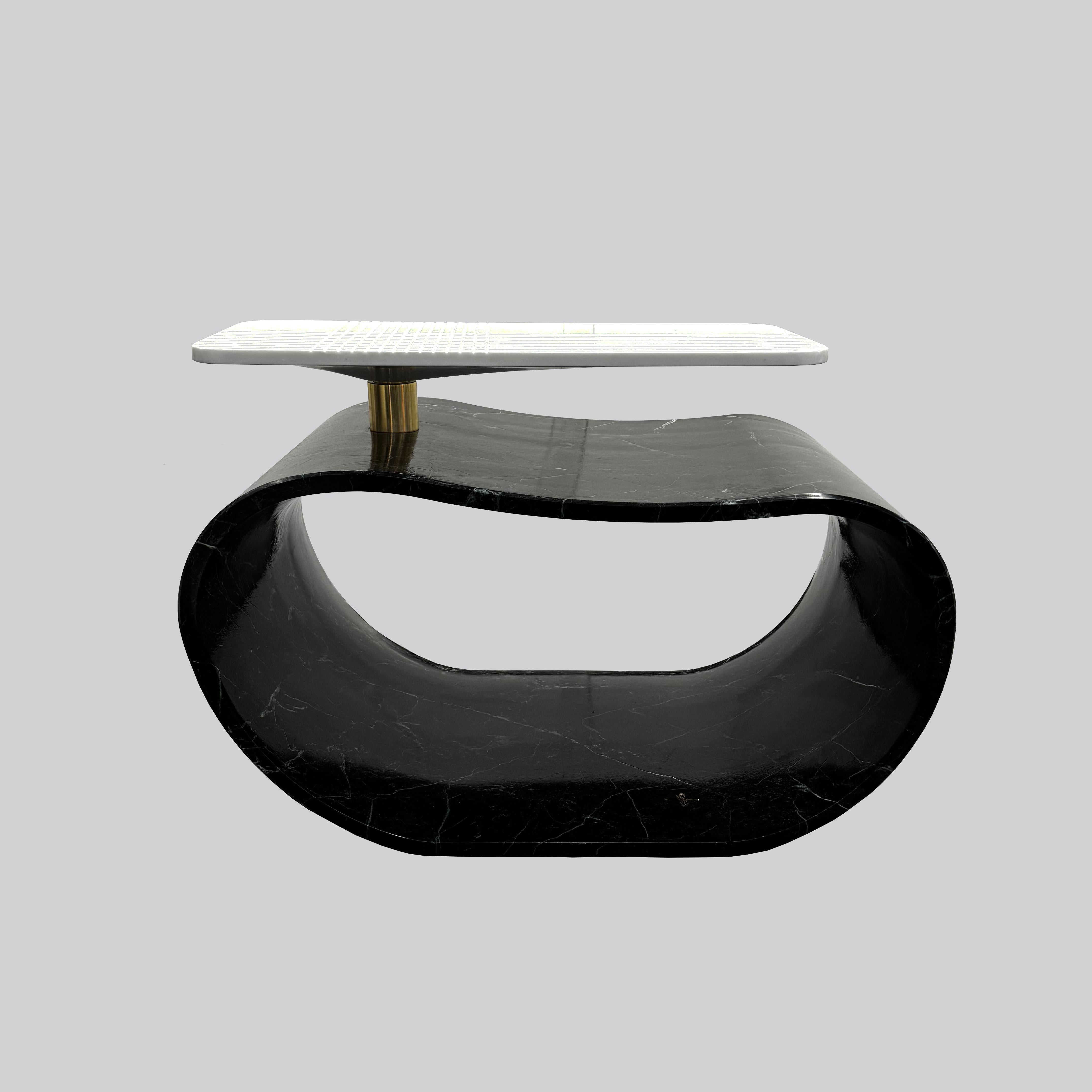 Marble Bench Turning Coffee Table by Euromarmi Store
Dimensions: D 85 x W 45 x H 45 cm (Bench), D 80 x W 30 x H 18 cm (Table Top)
Materials: Verde Rajasthan marble, White Carrara marble, 24K Gold-Plated.

Founded by Angela Stiuso, Euromarmi Store