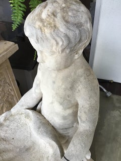Marble Bird Bath, Classical Style Carved Putto with Clam Shell Dish