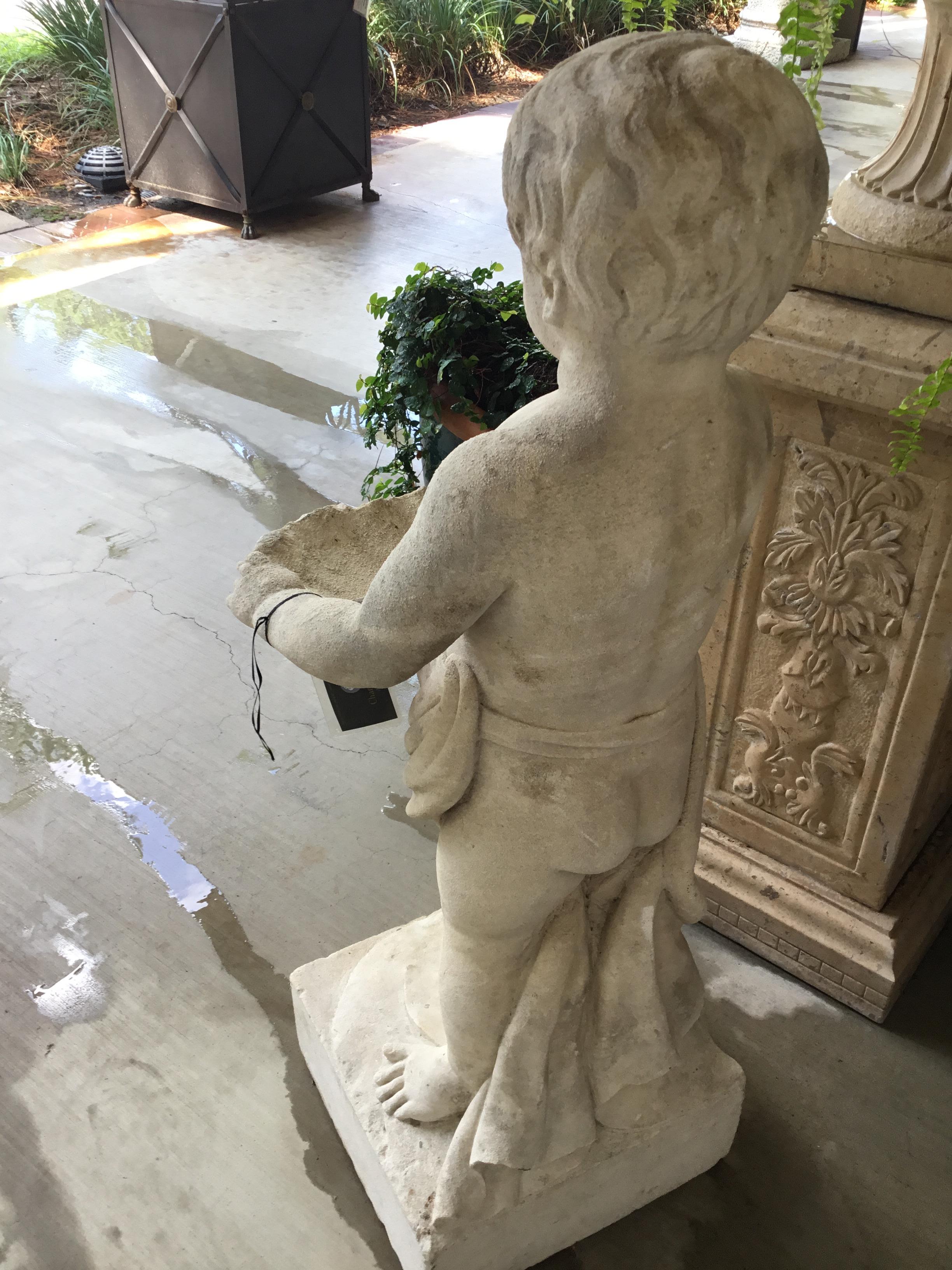 Hand-Carved Marble Bird Bath, Classical Style Carved Putto with Clam Shell Dish