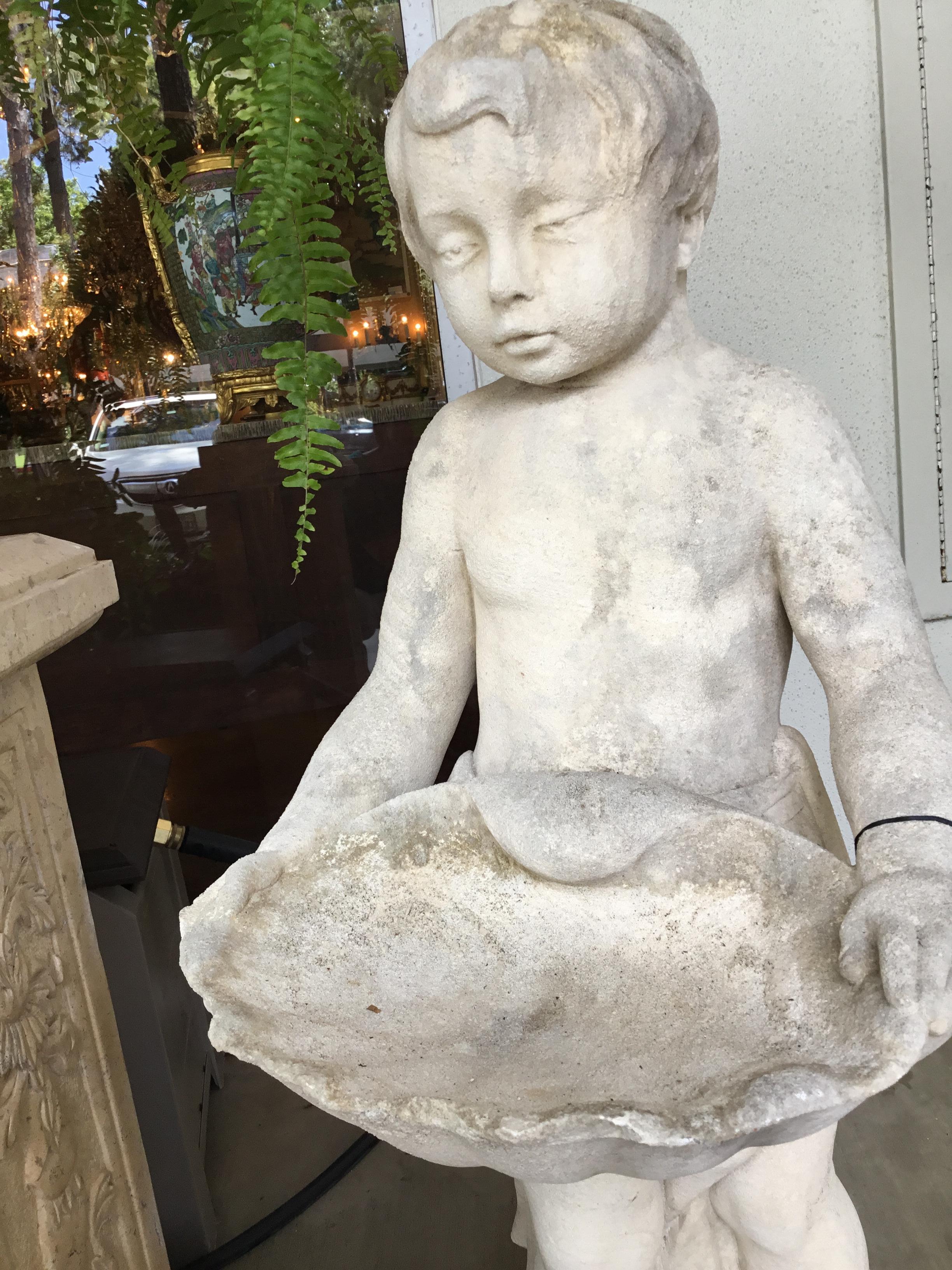 Marble Bird Bath, Classical Style Carved Putto with Clam Shell Dish In Good Condition In Houston, TX