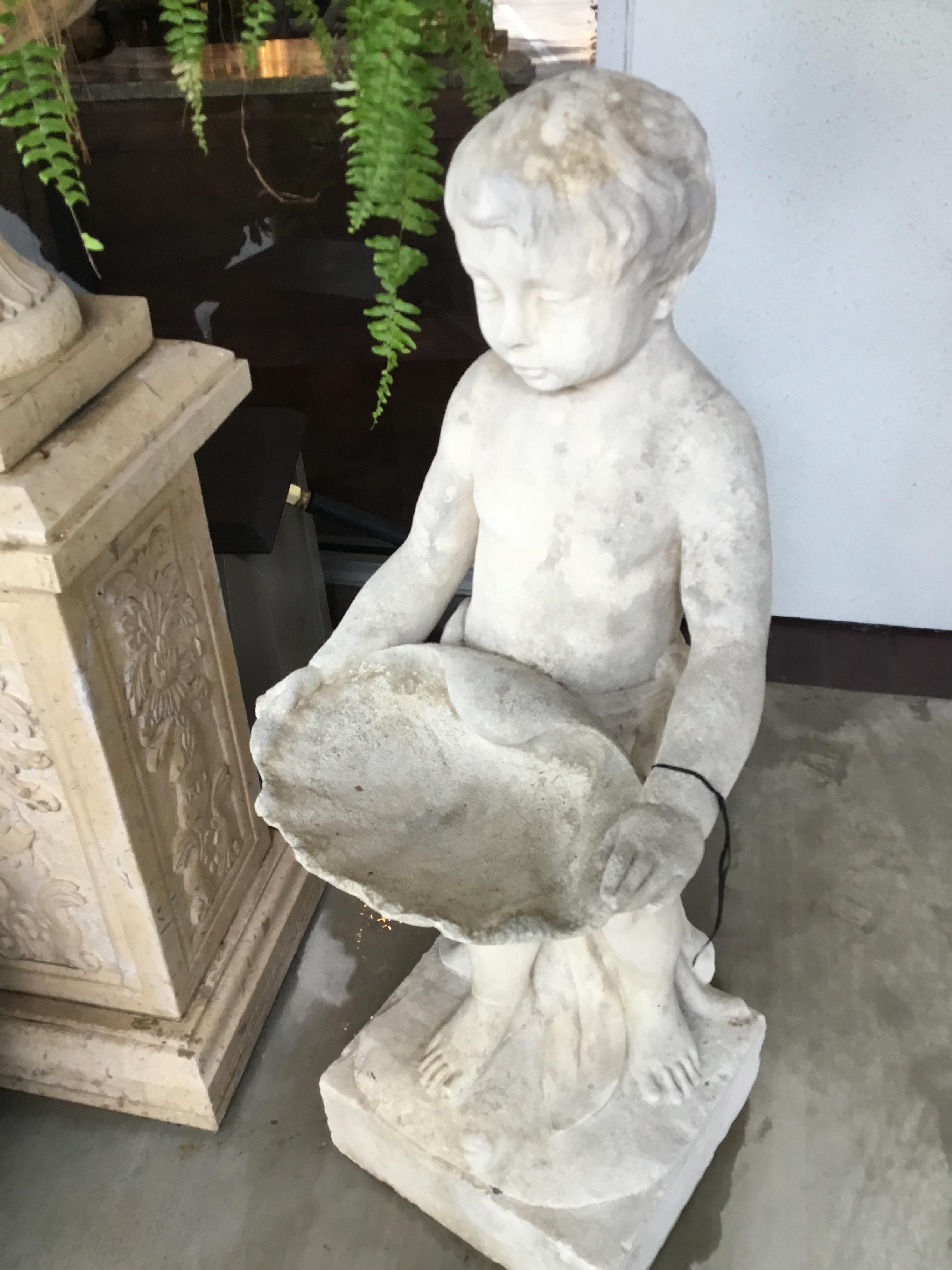 Marble Bird Bath, Classical Style Carved Putto with Clam Shell Dish 1