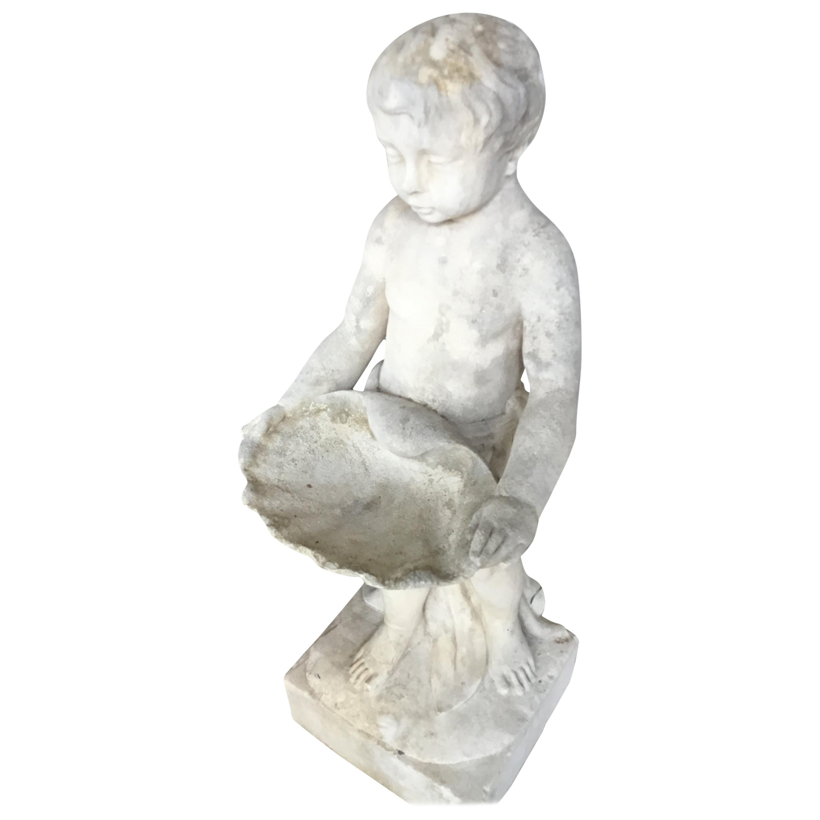 Marble Bird Bath, Classical Style Carved Putto with Clam Shell Dish