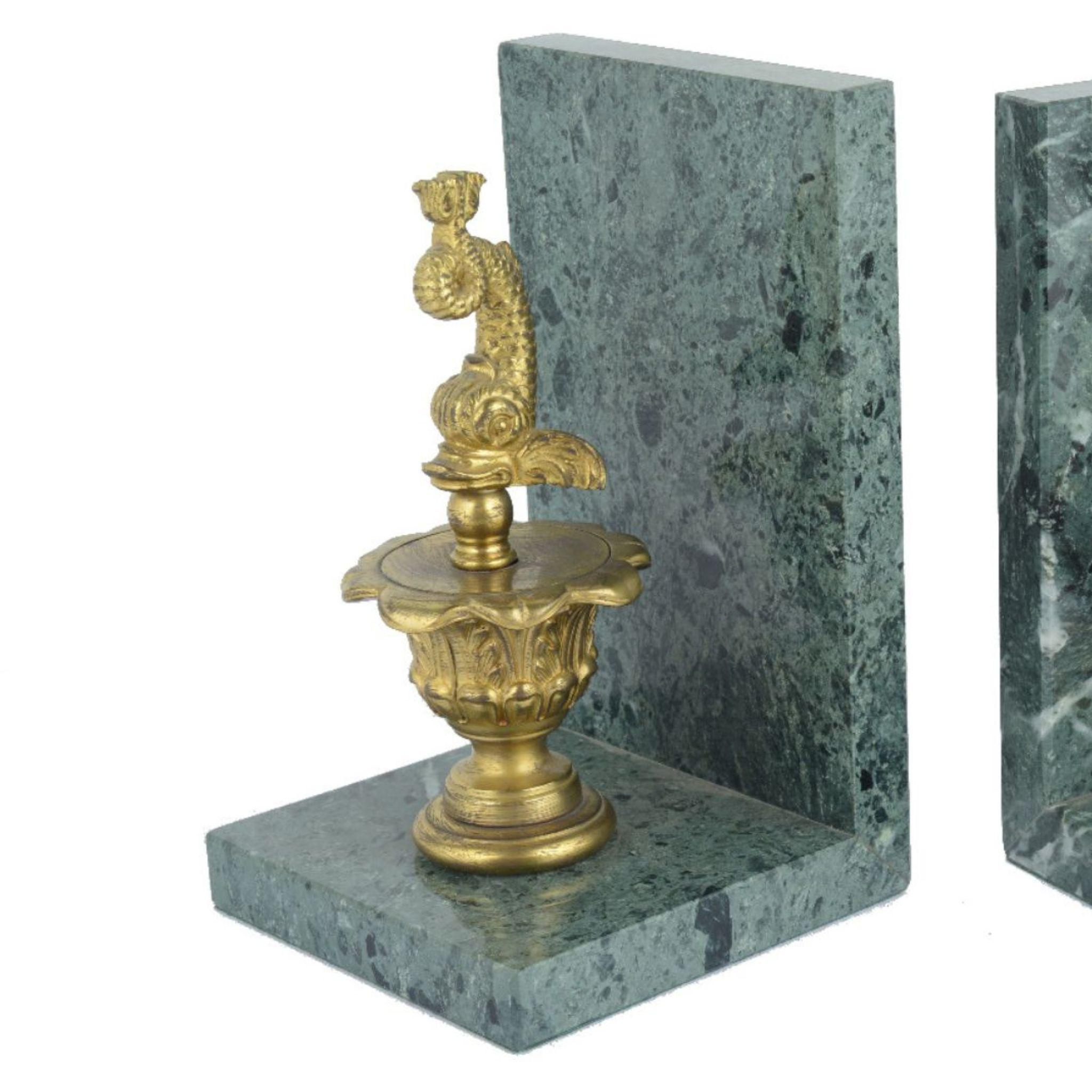 Italian Belle marble bookend with brass dolphins For Sale