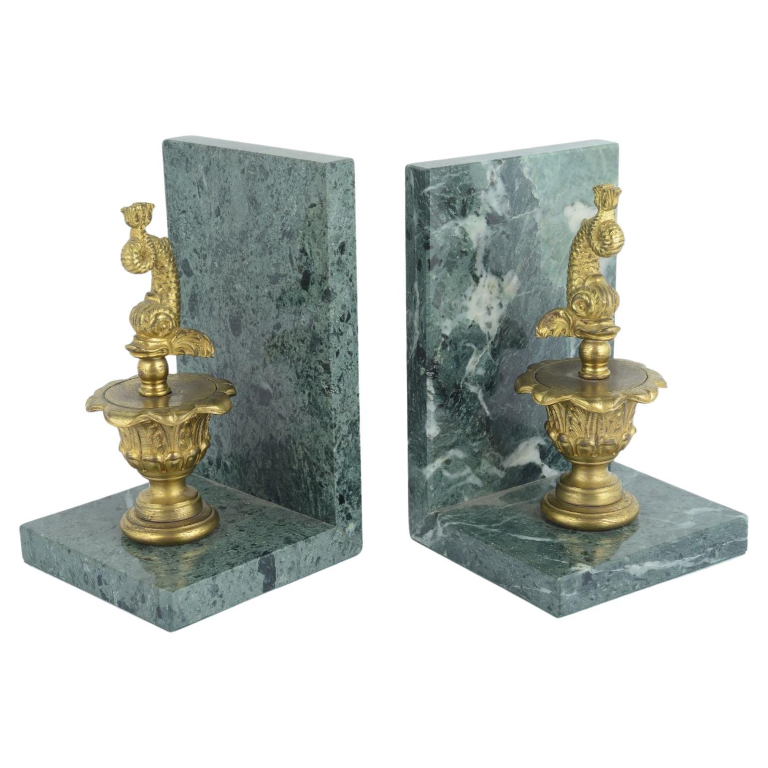 Belle marble bookend with brass dolphins For Sale