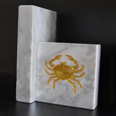 Cupioli White Marble Bookends  gold leaf  Inlaid Zodiac  Handmade in Italy