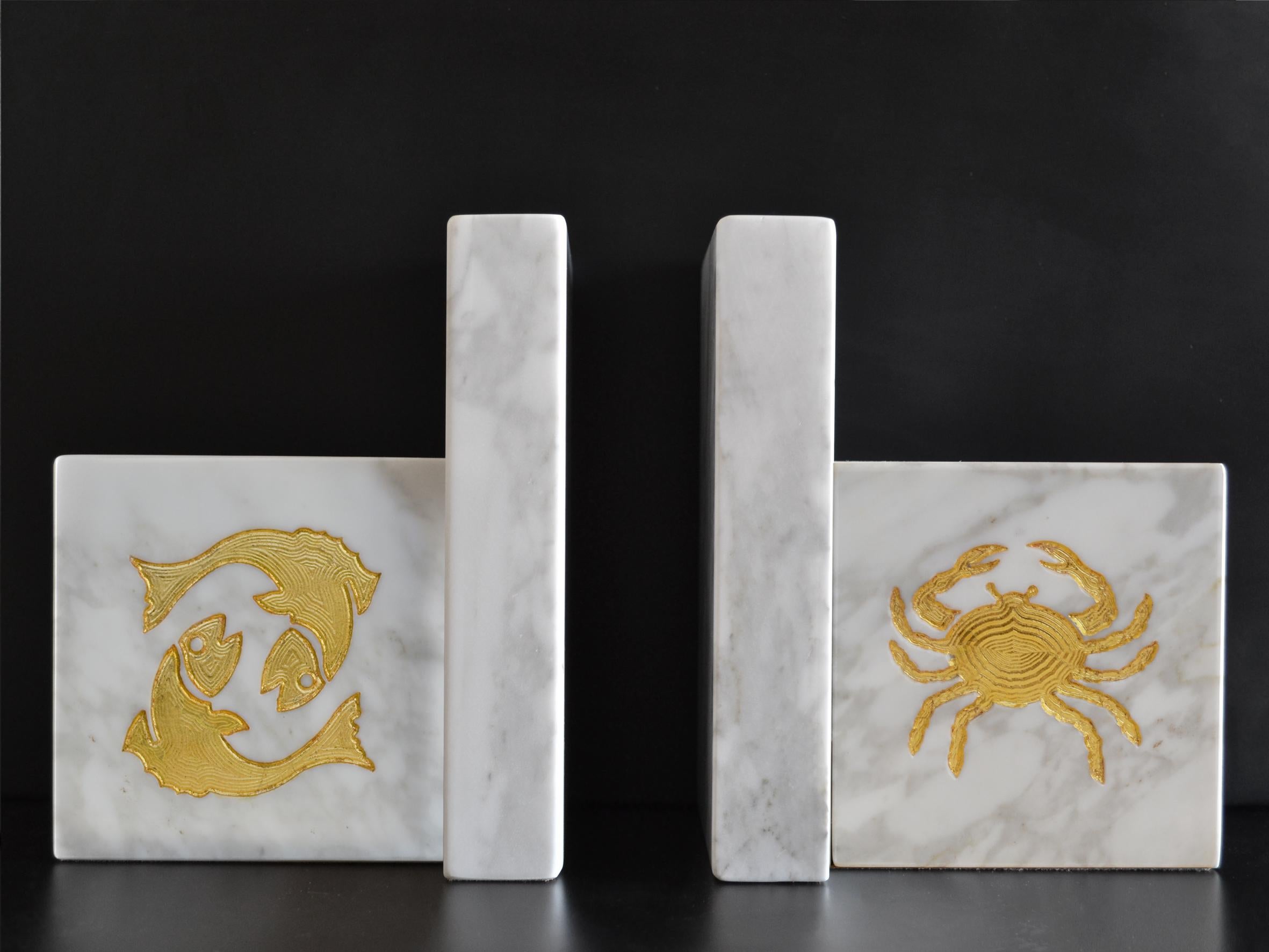 Italian Cupioli White Marble Bookends  gold leaf  Inlaid Zodiac  Handmade in Italy   For Sale