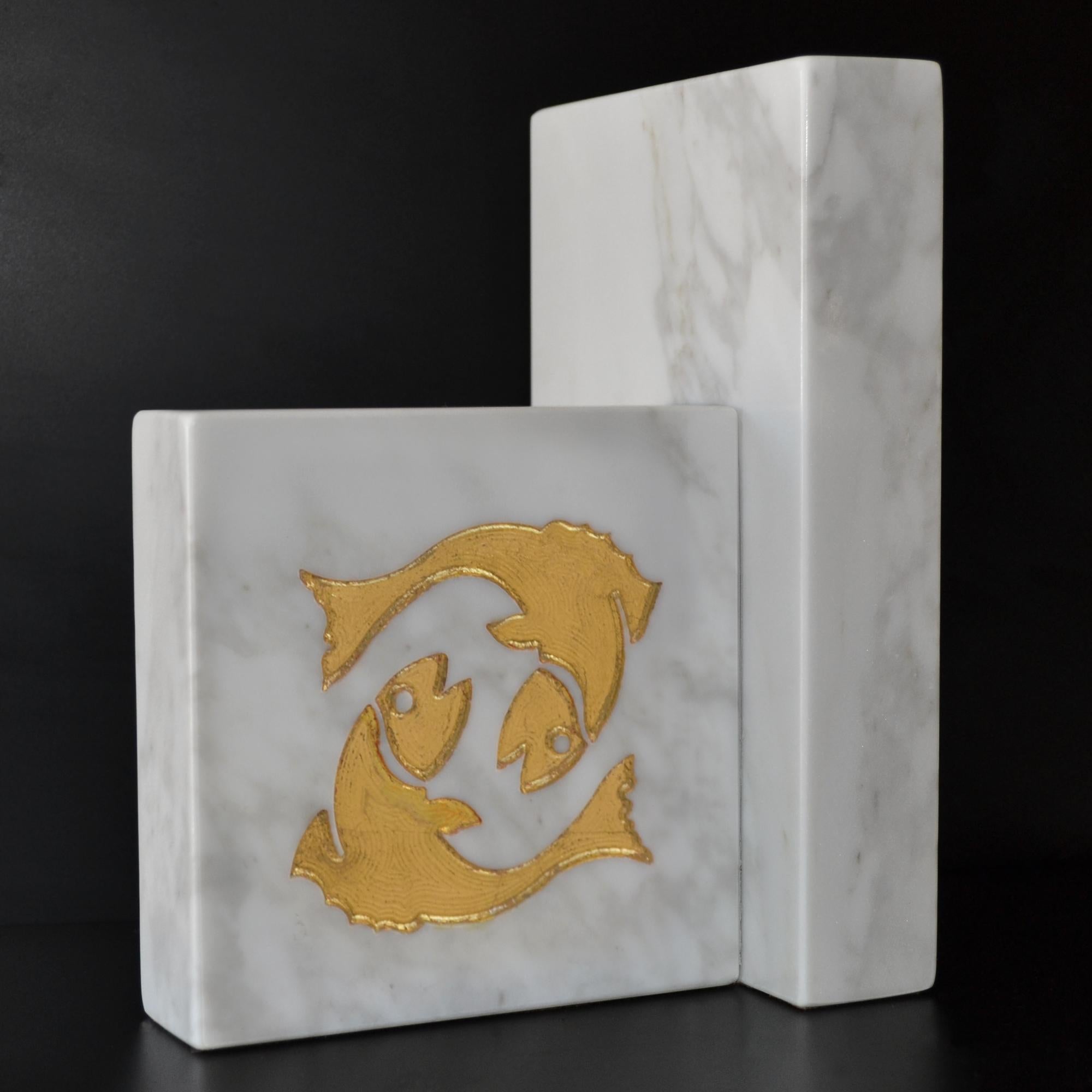 Contemporary Cupioli White Marble Bookends  gold leaf  Inlaid Zodiac  Handmade in Italy   For Sale